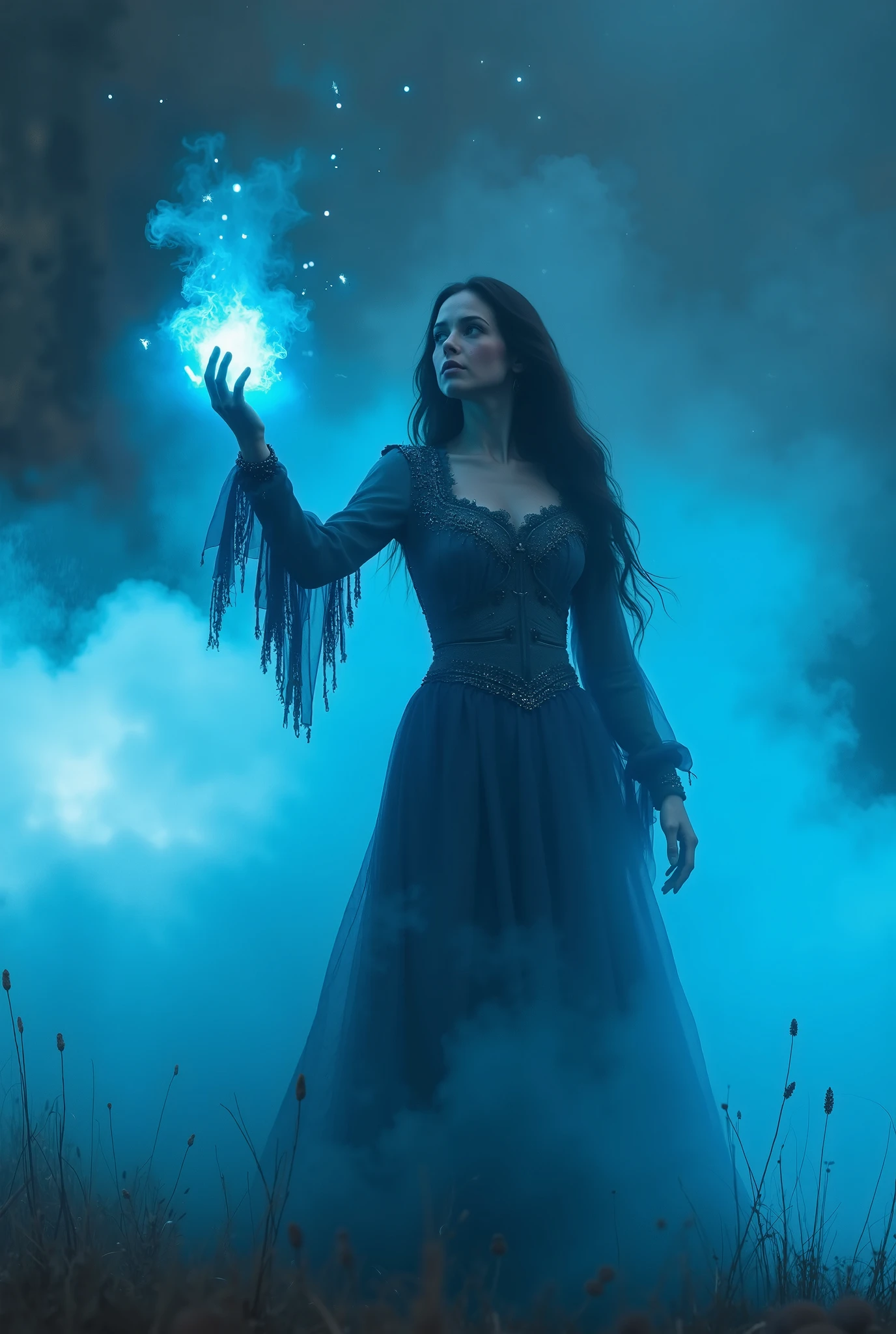 Detailed moment.Lady full in dress make frome dark smoke material, her eyes turn up,  pale skin, ((Main focus the Lady turn up her hand and from air in her hand fall burning rose)). Location  magical splash from destroying moon in air, epic effect of destroying moon on piesec, ((шедевр, высочайшего качества, Максимальное качество изображения, высокое разрешение, фотореалистичный, RAW-фото, чрезвычайно детальная объединенная 8k обоина CG))