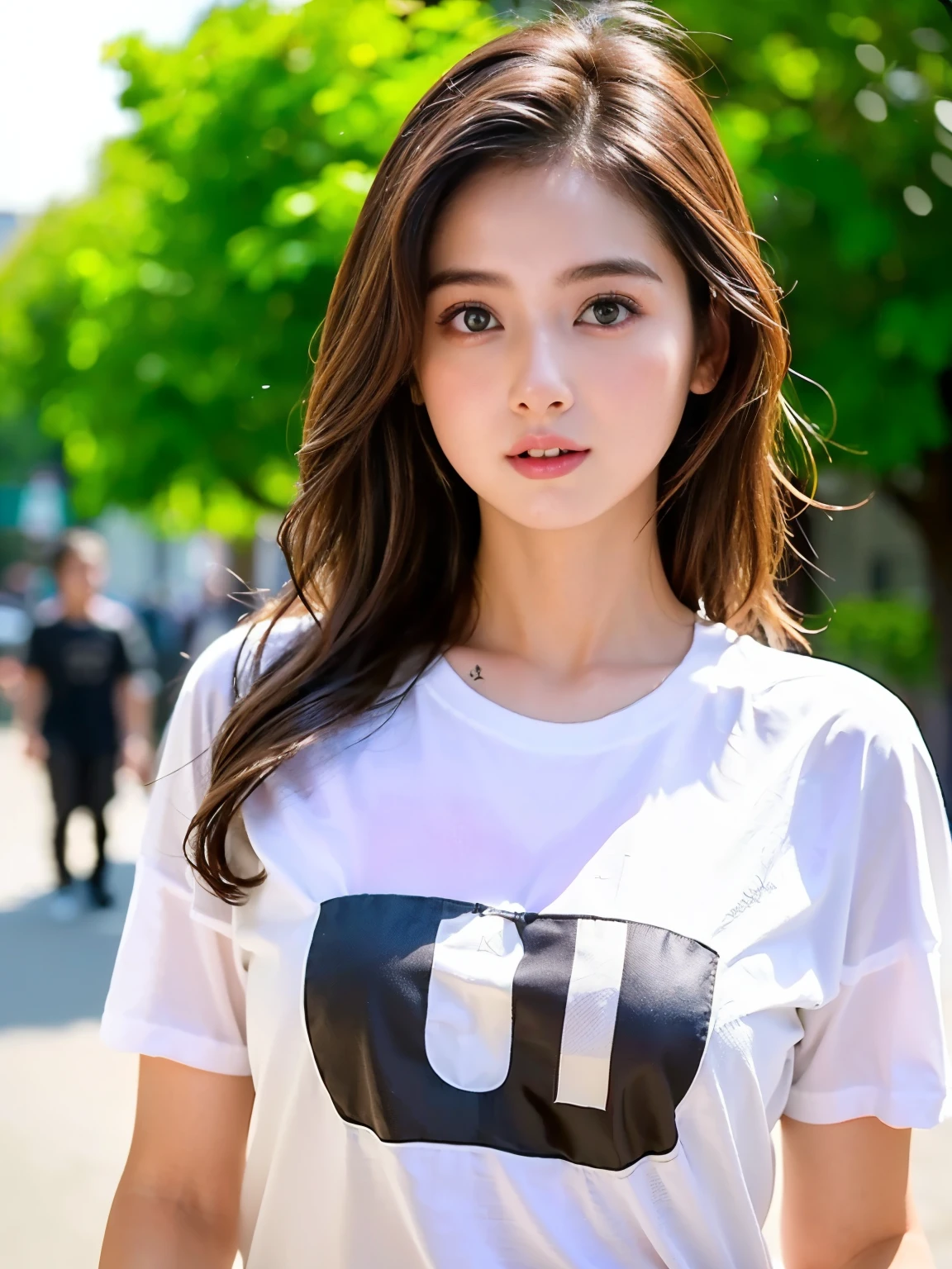 (((Best Quality)))、(((Ultra-precision CG16K wallpaper)))、(((Super detailed)))、(((Mature 24 year old woman、one person:1.8)))、((Very beautiful Japanese face))、(((Zuo々Nozomi)))、(( shoulder long hair))、(Shiny brown hair)、(Sparkling Eyes)、Thin eyebrows、Seductive lips、((C cup size breasts ))、((Beautiful breasts))、((Beautiful Skin))、( cleavage)、 perfect proportions、 perfect anatomy、Perfect composition、 beautiful detailed shading、 beautiful natural lighting 、 beautiful details glow 、 natural light、Front lighting、 depth of field、Full screen image、(((High chroma)))、((( real:1.8)))、(((sharp:1.5)))、((( upper body shot of a sexual target child:1.6)))、(((Front image:1.6)))、(((Half-open mouth、Surprised face:1.3)))、(((looking at me:1.8)))、(((background_Outdoor、garden)))、( Standing Pose :1.6)、(((T-shirt clothing:1.6)))、