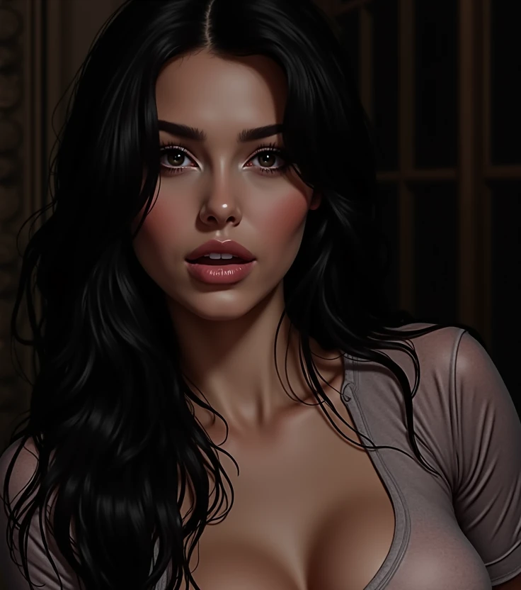 vchan_mother romanian woman sitting outside in a (creepy trailer park at night), shiny eyes, shiny skin, upper body half naked, nipples, chest squeezed, plump breasts, huge breasts, huge breasts, huge breasts, huge breasts, huge breasts, huge breasts, chest squeeze, slender waist, thin waist, (afraid), choker, (submission) (high quality photo, detailed, flash photography, high res, 8k, high saturation:1.15)