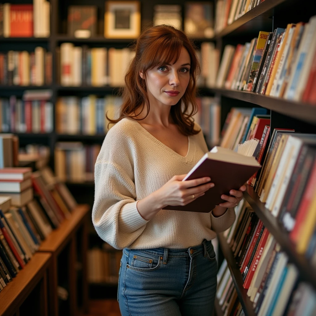 Photo of a middle-aged woman, around 45 years old, standing in a cozy bookstore. She has fair skin with faint lines around her eyes and mouth, giving her face warmth and character. Her wavy brown hair is loosely tied back, with a few soft strands framing her face, creating a relaxed and approachable appearance. She’s dressed in casual, everyday clothes—a comfortable sweater and well-fitted jeans—perfect for a leisurely outing.

She stands near a shelf, browsing through a book in her hands, with an expression of quiet interest and curiosity. Surrounding her are rows of shelves filled with books of various sizes and colors, creating an inviting, intellectual atmosphere. Soft, warm lighting adds to the cozy ambiance, casting gentle shadows and highlighting her thoughtful pose amidst the calm of the bookstore.