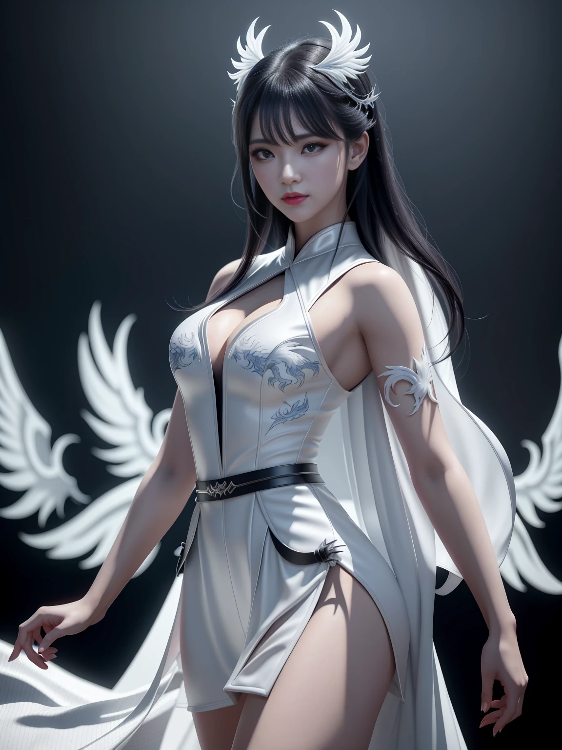 Series girl, A dynamic ninja girl in a white phoenix patterned ninja outfit, white ninja outfit, กระโปรงสั้นพร้อมถุงน่อง, dynamic action pose, beautiful detailed eyes, beautiful detailed red lips, extremely detailed eyes and face, long eyelashes, detailed ninja outfit, intricate phoenix pattern, dramatic lighting, cinematic scene, dark moody color palette, chiaroscuro lighting, (best quality,4k,8k,highres,masterpiece:1.2),ultra-detailed,(realistic,photorealistic,photo-realistic:1.37),HDR,studio lighting,ultra-fine painting,sharp focus,physically-based rendering,extreme detail description,professional,vivid colors,bokeh,dark fantasy,action,cinematic