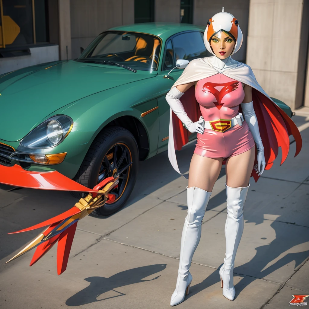 ANI_CLASSIC_jun_gatchaman_ownwaifu,1girl, 15yo,good anatomy, masterpiece, best quality,realistic, hyper realistic, 16k hdr, long hair,breasts,lips,large breasts,lipstick,makeup,gloves,cape,helmet,belt,elbow gloves,white gloves,mask,ultra miniskirt,leotard,spacesuit,white tight overknee highheels boots,pink dress,superhero,bodysuit,cleavage,erected nipples,(kick ass poses),cameltoe