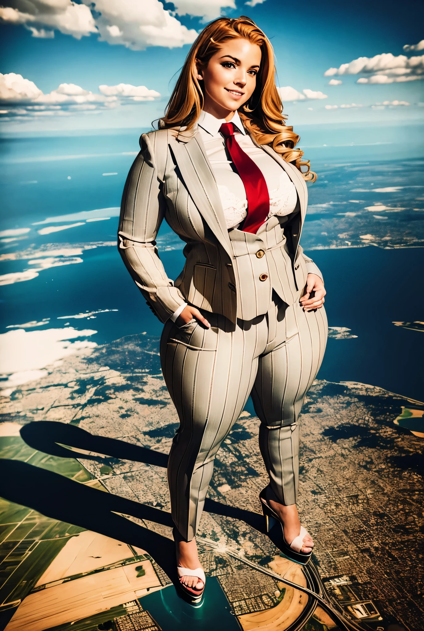 10 miles tall curvy bbw woman with a beautiful smile, bigger than a giant city, curvaceous figure, natural breast, and long wavy bright ginger hair with blonde highlights, with a curvaceous figure and massive breasts. wearing the finest light grey pinstripe trouser suit and blazer, white colege shirt and large thick knotted red tie, and rounded platform high heels with uncovered feet, standing on top of a city facing the forwards in a rampage-like pose, with a cityscape background of mega-city, urban sprawl, and small towns, giant montains, partially obscured by a hazy, cloudy atmosphere. The image is a high-resolution, masterpiece-quality, cinematic, ultra-detailed, and hyper-photorealistic photograph, with perfect hands, face, and lighting. ultra-detailed, 8K, photo-realistic, hyper-realistic, masterpiece, intricate details, full body view. Looking at camera, The image is a high-resolution, masterpiece-quality, cinematic, ultra-detailed, and hyper-photorealistic photograph, with perfect hands, face, and lighting. ultra-detailed, 8K, photo-realistic, hyper-realistic, masterpiece, intricate details, full body view