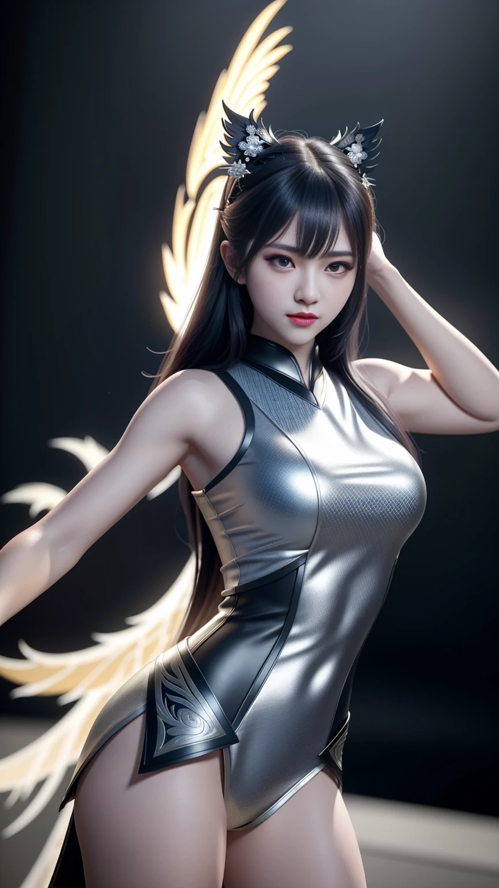 Series girl, A dynamic ninja girl in a white phoenix patterned ninja outfit, white ninja outfit, กางเกงขาสั้นพร้อมถุงน่อง, dynamic action pose, beautiful detailed eyes, beautiful detailed red lips, extremely detailed eyes and face, long eyelashes, detailed ninja outfit, intricate phoenix pattern, dramatic lighting, cinematic scene, dark moody color palette, chiaroscuro lighting, (best quality,4k,8k,highres,masterpiece:1.2),ultra-detailed,(realistic,photorealistic,photo-realistic:1.37),HDR,studio lighting,ultra-fine painting,sharp focus,physically-based rendering,extreme detail description,professional,vivid colors,bokeh,dark fantasy,action,cinematic