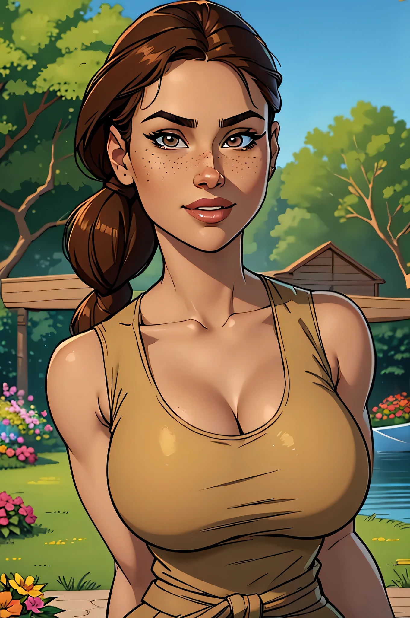 ( Absurd, high quality, Ultra Detailed, watch out for your hand ) close up for a thin and athletic woman (Lara Croft), 25 years, 8k (( high definition )), beautiful smile, seductive look, brown eyes, nose fine, wearing a blue t-shirt (( Canoe-like neckline , sleeveless )), bermuda beige, thin waist, pele morena, long brown hair (( with a braided ponytail )), standing (( upper body )), with freckles on your chest and neck , (( large, round breasts )). Marvel style (( high quality )), in the middle of a flowery garden.