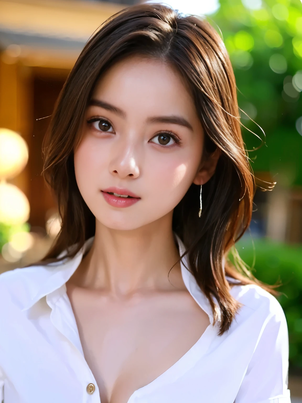 (((Best Quality)))、(((Ultra-precision CG16K wallpaper)))、(((Super detailed)))、(((Mature 24 year old woman、one person:1.8)))、((Very beautiful Japanese face))、(((Zuo々Nozomi)))、(( shoulder long hair))、(Shiny brown hair)、(Sparkling Eyes)、Thin eyebrows、Seductive lips、((C cup size ))、((Beautiful breasts))、((Beautiful Skin))、( cleavage)、 perfect proportions、 perfect anatomy、Perfect composition、 beautiful detailed shading、 beautiful natural lighting 、 beautiful details glow 、 natural light、Front lighting、 depth of field、Full screen image、(((High chroma)))、((( real:1.8)))、(((sharp:1.5)))、((( upper body shot of a target child:1.6)))、(((Front image:1.6)))、(((Half-open mouth、Surprised face:1.3)))、(((looking at me:1.8)))、(((background_Outdoor、garden)))、( Standing Pose :1.6)、(((Wear an open collar shirt:1.6)))、