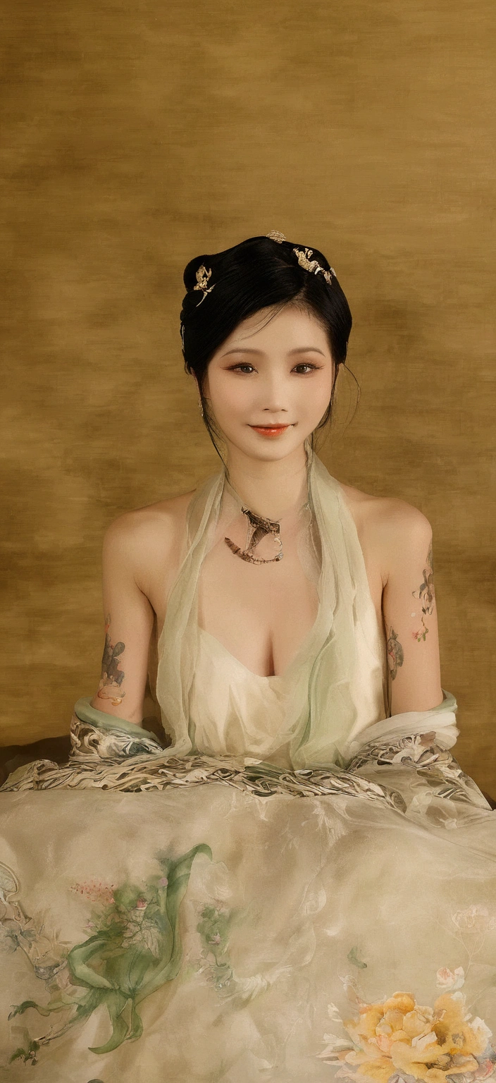A nude statue of a woman from the Qing Dynasty. She is seated naked on a large golden sofa, Look straight ahead. Her breasts are big, Her hair is tightly bound, She is adorned with hairpins and flowers. The background and location are of a Chinese Empress. The story is set in the opulent rooms of the empress's palace in China during the Qing Dynasty.。.