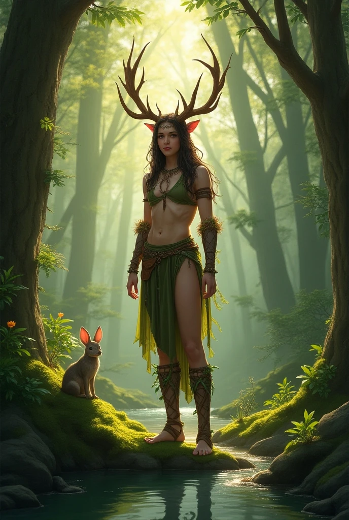 ((Highest quality)),(Ultra-high resolution),(Ultra-detailed new),(Detailed Description),((The best CG)),(masterpiece),Highly detailed art,A wonderful new art form,(Art with precise details:1.5), (One woman:1.4),Beautiful and well-proportioned face:1.6,(Deer horn:1.3),discharge:1.8,(Sharp green eyes:1.6),(See-through dress:1.6),(Tribal:1.3),hoof:1.1