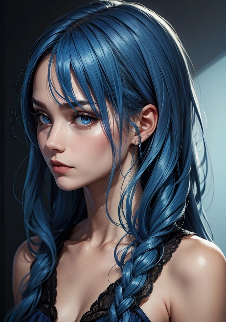 1 girl, blue hair, thin
