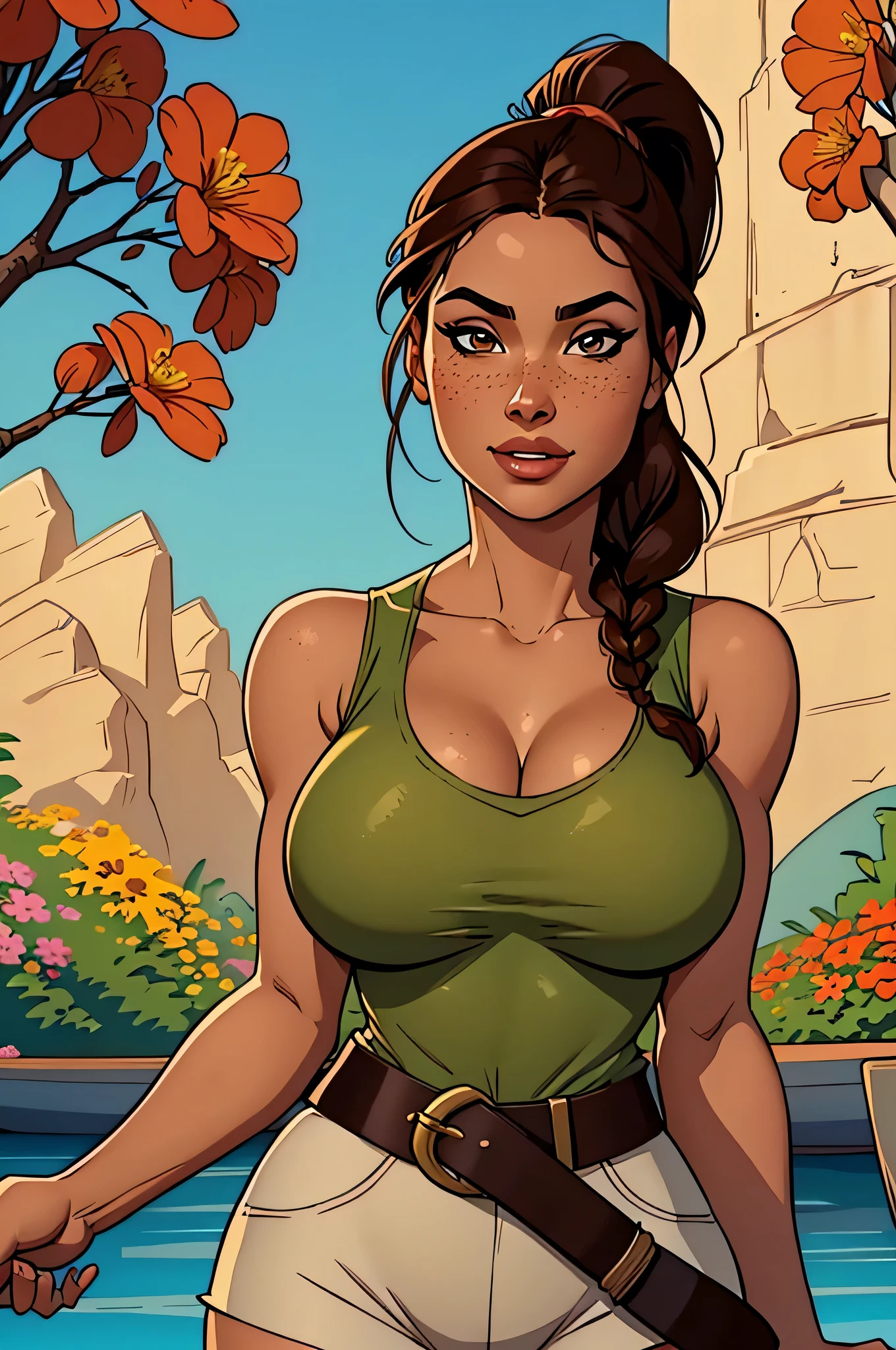 ( Absurd,  high quality, Ultra Detailed, Beware of your hand  )  close up for a thin and athletic woman (Lara Croft), 25 years, 8k ((  high definition  )), beautiful smile, seductive look,  brown eyes, nose fine, wearing a blue t-shirt (( Canoe-like neckline  , sleeveless )), beige shorts with brown belt , thin waist,  arms positioned on the sides of the body , pele morena,  long brown hair clothes (( with a braided ponytail  )), standing ((  upper body  )),  with freckles on your chest and neck  , ((  large, round breasts  )). Marvel style ((  high quality )), in the middle of a flowery garden .