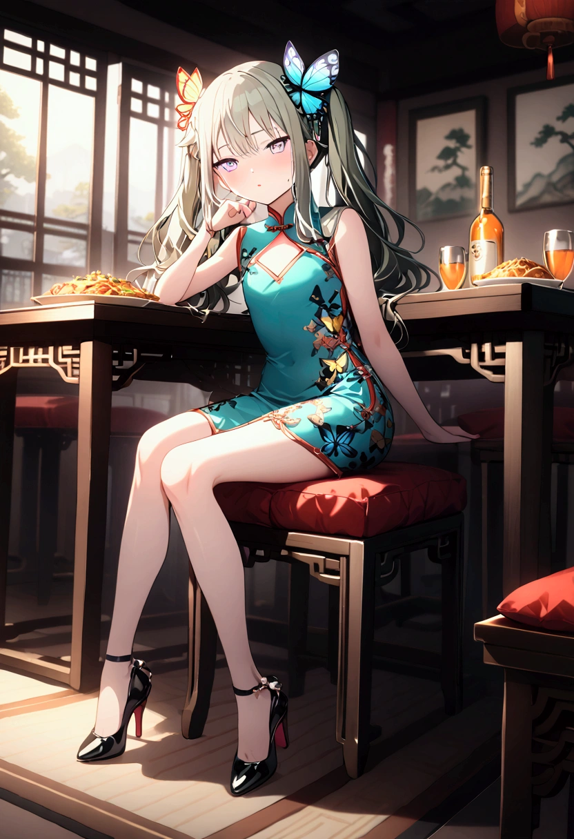 High image quality 、masterpiece、  High Quality 、Full HD、4K 、Kusanagi Nin々、Long hair 、Butterfly Hair Ornament、 twin tails、Purple Eyes、slim、 green china dress、blush、 makes your cheeks red、Red blush on cheeks、 shy 、 flat chest、 sitting on a chair 、 high heels、Chinese table 、Chinese Restaurant