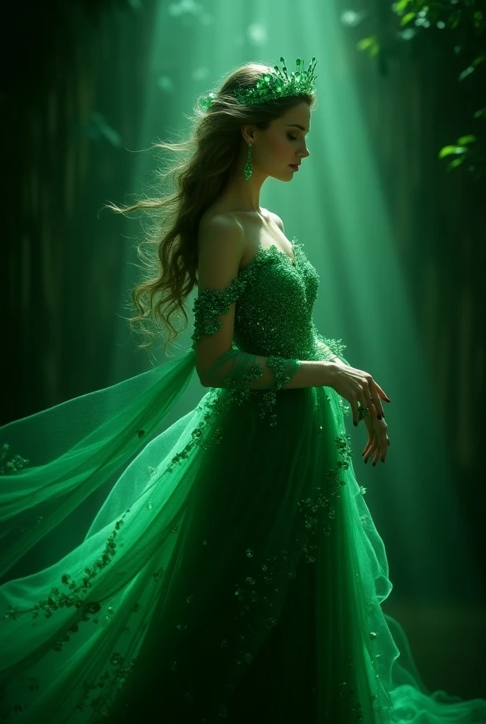 Her clothing is intricate and seems to be woven with shimmering threads or magical energy, as evidenced by the green sparkles that surround her. These sparkles appear to emanate from her or her dress, further emphasizing her connection to nature or magic. The soft focus and gentle light in the background suggest a serene, possibly enchanted forest setting. Overall, the image conveys a sense of calm, beauty, and mystical energy.