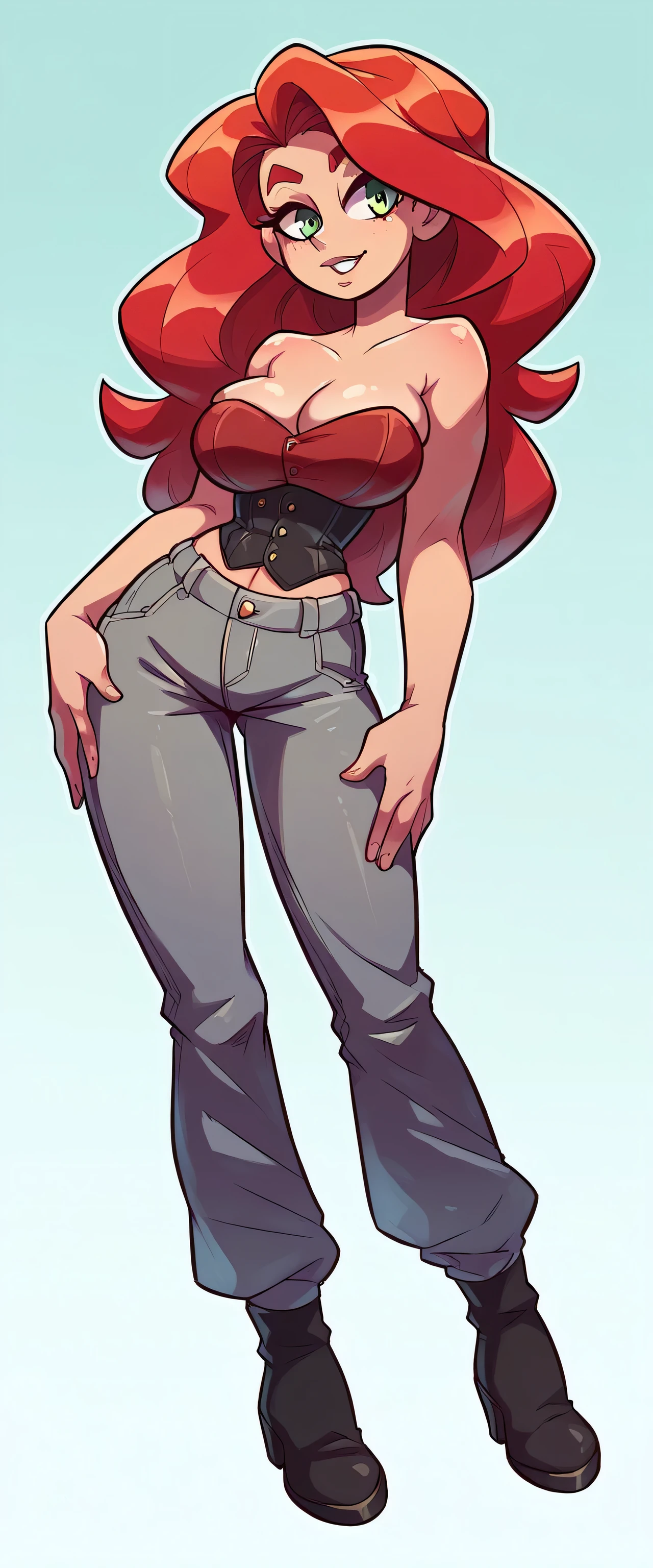  a tall, beautiful, and curvy woman with red wavy hair is depicted. She exudes happiness and sexiness, with a kind expression and striking red-tipped eyelashes. Her eye color is a captivating clear red. She is dressed in a stunning red corset top, revealing her navel, and a fitted gray pant with a black belt. Her outfit is completed by a pair of coffee-colored boots showcasing the character's detailed features and the dynamic sexo love