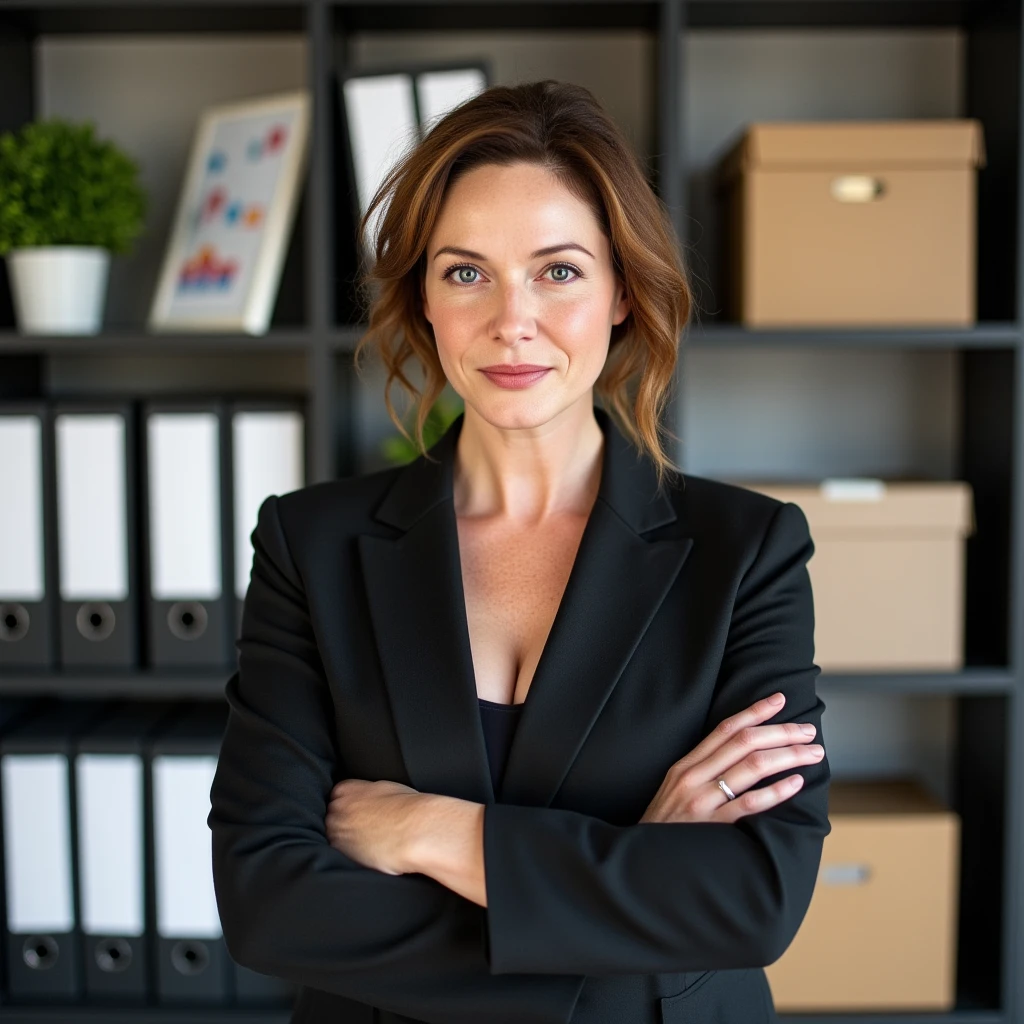 Photo of a middle-aged woman, around 45 years old, standing in a professional office environment, posed confidently with her hand resting thoughtfully on her chin and her other arm crossed across her waist. She has fair skin with faint lines around her eyes and mouth, giving her face a warm and wise expression. Her wavy brown hair is loosely tied back, with a few strands framing her face, adding a relaxed touch to her look.

She’s dressed in a tailored blazer and professional attire, exuding an approachable yet assured demeanor. Behind her, shelves are lined with neatly organized files, boxes, and a few personal touches like plants and charts, creating a professional, organized atmosphere. The lighting is natural and even, highlighting her composed expression and the thoughtful pose that conveys confidence and intelligence.