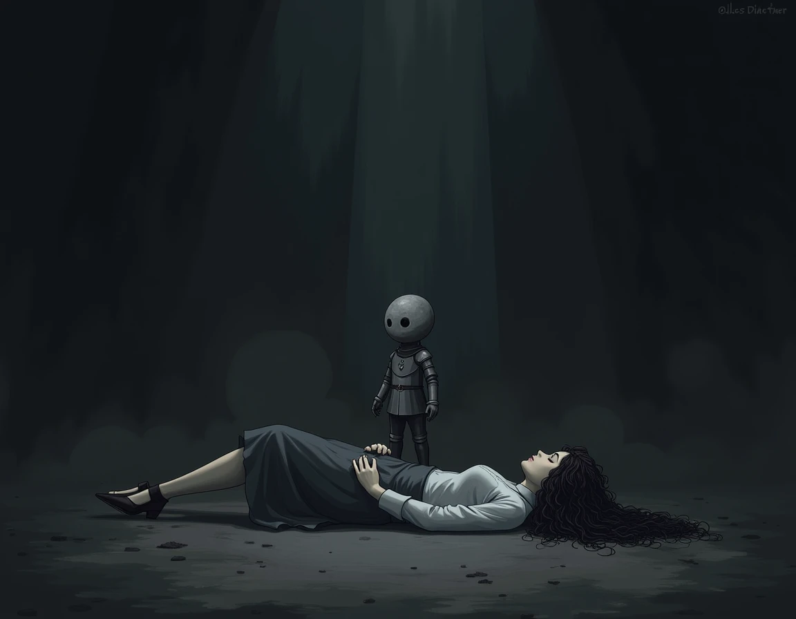 A girl with medium length black hair and bangs, curtain. Lying with a skeleton in a dark and sad room 