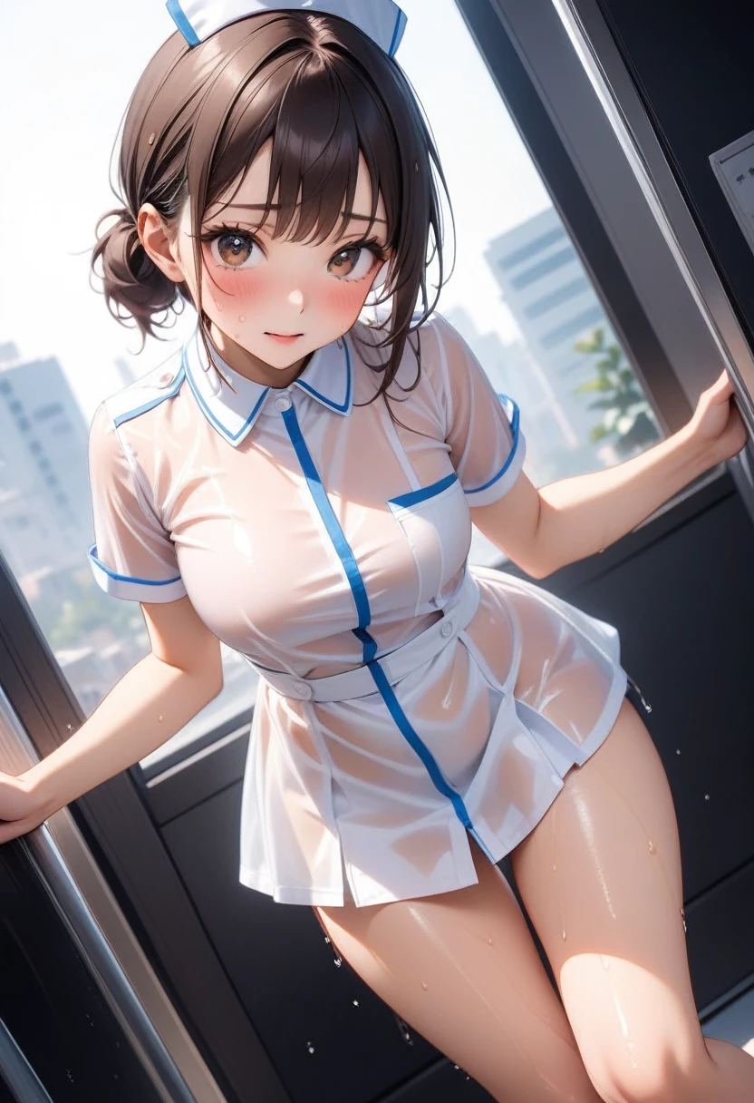nsfw,(((seethrough wet micro nurse uniform, skirt))), ((Shiny Costumes)), skindentation, skinny, solo, 1 woman, Masterpiece, highest quality, highest quality, 16K, incredibly absurd, highly detailed, 2.5D, ai-generated, delicate and dynamic, very delicate facial expressions, delicate eye depiction, erotic, only sexy woman, ((A cute and kind face)), healthy figure, ((2 woman)), 160cm tall, medium firm swaying bust, , blush, Sweat,Embarrassed,sexy, ((thin thighs)), (camel toe:0.7), (visible nipples:0.3), (Erect nipples,:0.7), shiny and lustrous, facing straight at viewer, (((in heat))), ((Oily_skin)), ((Lots of sweat)), (((Brown Skin))), ((dutch angle)), ((erotic pose)), (((Collapsed from heat stroke))),