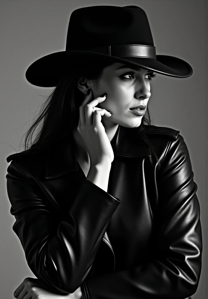 a woman wearing a leather hat and leather jacket holding the rim of the hat she’s wearing with her index and thumb fingers,black hat, a black and white photo inspired by Peter Lindbergh, tumblr, fine art, black hat, she is wearing a hat, dark hat, with hat, wearing hat, wearing a cowboy hat, leather, black stetson hat, wearing cowboy hat, wearing a hat, cowgirl, hat, wearing black, picture from profile