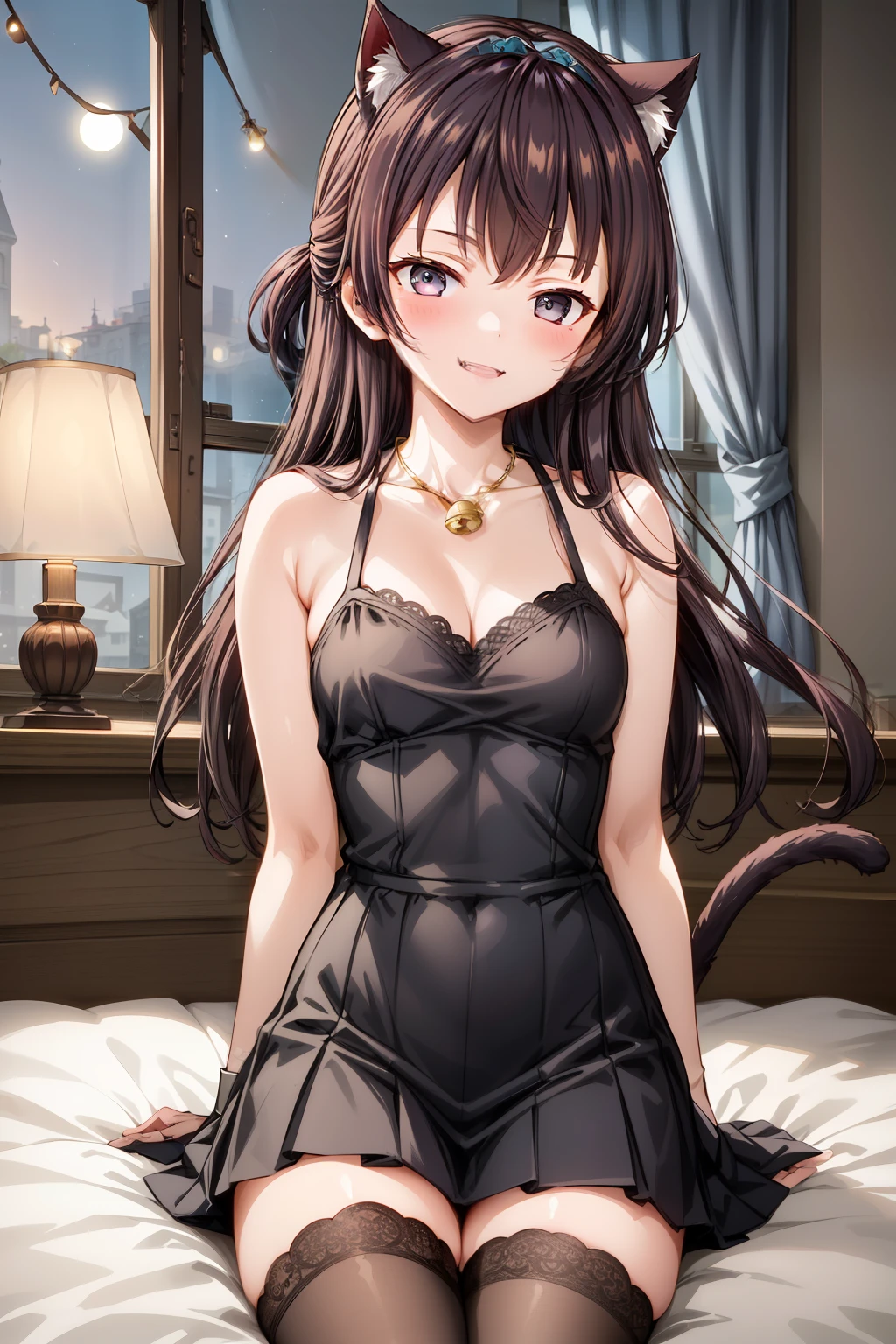 "Alisa Kujou, (Evening:1.7),  a 22-year-old girl with a charming character design and a slightly curvaceous but toned body.  She has a beautiful and perfect face ,  with deep, dark eyes that shine under the soft light of the room . Her hair is now dark and flowing ,  falling in loose waves up to her shoulders ,  adding a mysterious and seductive air .

 Alisa wears an adorable kitten costume :  a fitted set of black lace with delicate details ,  cat ears in a headband ,  a small necklace with a bell around her neck ,  and a feline tail that curves playfully behind Of her .  The outfit includes a tight top with thin straps and a delicate neckline ,  along with a mini skirt that accentuates her hips and shapely legs .  She wears lace gloves and high stockings that give her a flirty and seductive touch .  Her skin shows a faint blush on her cheeks ,  with a warm smile showing her small fangs , giving her a mischievous look .

 The scene takes place in a cozy bedroom during the night ,  illuminated softly by the light of a lamp and the silver glow of the moon that enters through an open window.  The room is decorated with pillows and bed linen luxurious ,  creating an intimate and warm environment .  Alisa is sitting on the edge of the bed ,  with one hand fiddling with her tail and the other resting on her thigh ,  as she looks at the viewer with a deep and seductive look .

La iluminación del cuarto resalta los detalles delicados de su traje y su figure,  with subtle bokeh effects to create a romantic and cozy atmosphere .  The scene is rendered in ultra high resolution  (8K, HDR-10)  with a light cinematic grain to add texture . (beautiful_rostro:1.5), (Dark_hair:1.4), (Dark_eyes:1.4), (Cat_Outfit:1.3), (curvilinear_figure:1.3), (cozy_bedroom:1.3), (seductive_pose:1.2), (soft_lighting:1.3), (bokeh_effect:1.2), (intimate_Vibe:1.3)."