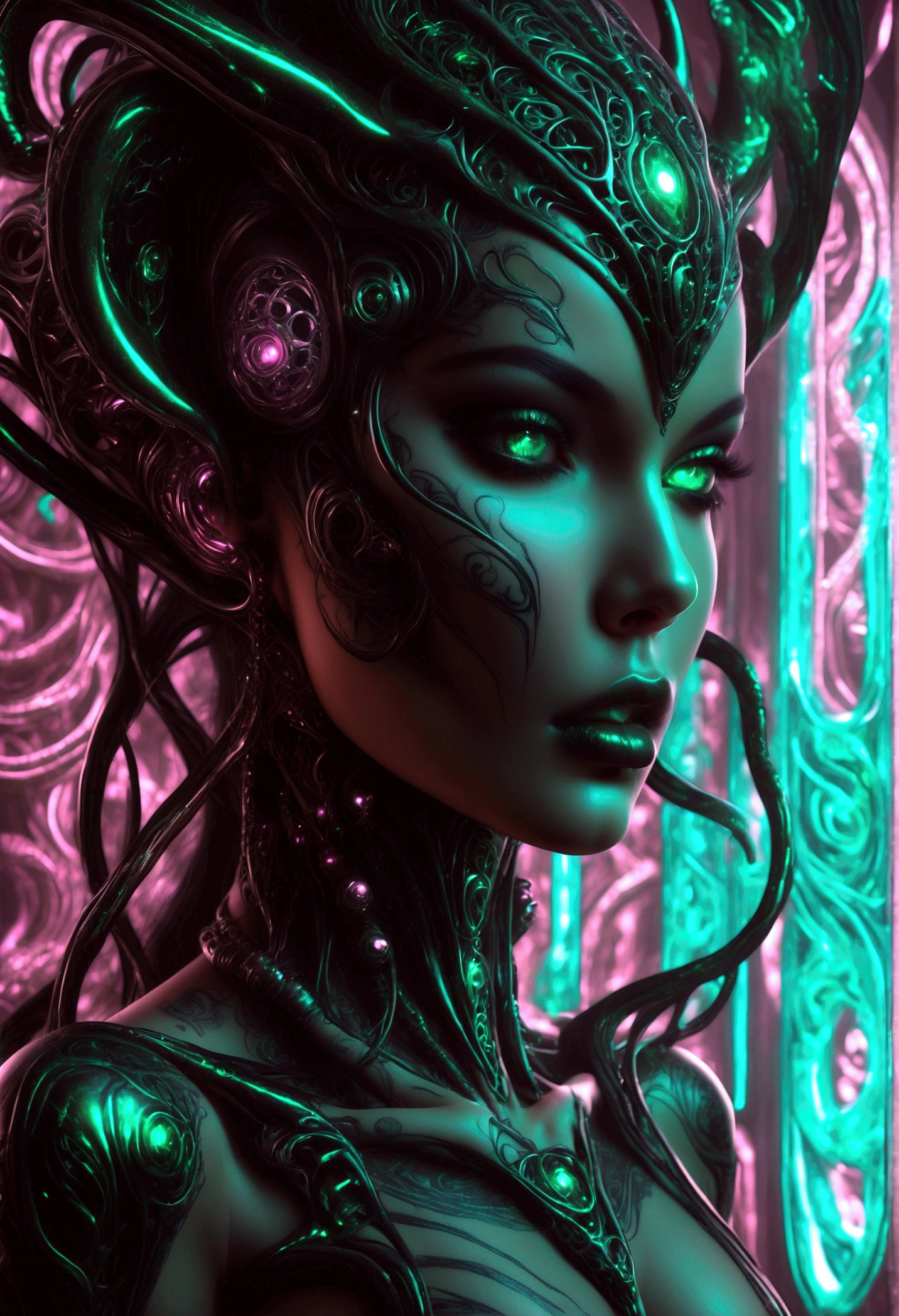 Create an image of Stunningly gorgeous beautiful perfect hr giger tattooed sexy seductive demonic girl, Stunningly gorgeous perfect flawless sexy face, hyper detailed neon emerald ornaments, large firm breasts, full body view, nude, no color black and gray only,