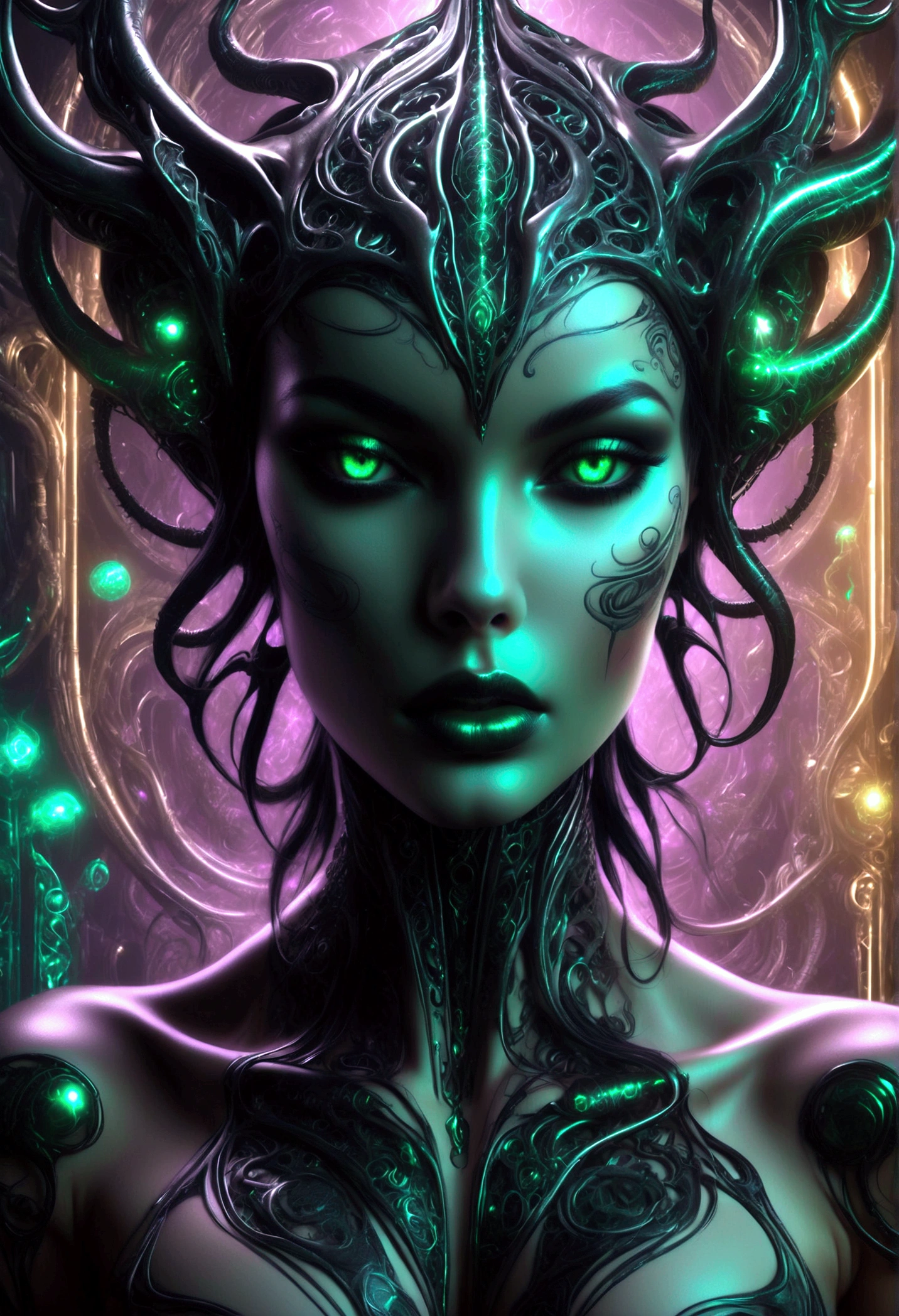 Create an image of Stunningly gorgeous beautiful perfect hr giger tattooed sexy seductive demonic girl, Stunningly gorgeous perfect flawless sexy face, hyper detailed neon emerald ornaments, large firm breasts, full body view, nude, no color black and gray only,