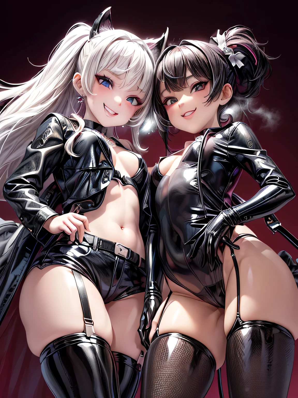 ((High quality)),masutepiece,(Detailed depiction of local details:1.2),1girl in,blue eyes,Plump breasts,Enchanted Valley,Closed mouth,Eyelashes,Portrait,solo,White hair,black theme,Short hair,Silver hair,yorha no. 2 Type B,(((White hair and black hair)))、Full body view、((Two girls dressed similarly))((Woman in white underwear、Woman in black underwear))((Two people smiling))((Light skin and dark skin))(((Black Hair、Dark Skin、Woman in Black Dress)))((white thong))((black thong))Stick your butt out