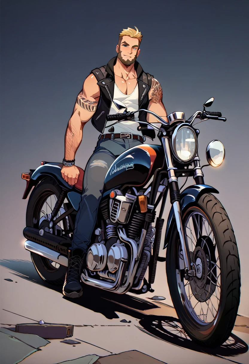 "Create a detailed tattoo design of Lord Krishna riding a modern motorcycle. Krishna should be depicted in traditional attire with his iconic peacock feather crown and playing a flute, combined with modern elements of a sleek motorcycle."