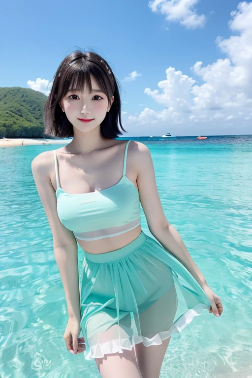 (High resolution:1.5),Very detailed,Highest quality,One Girl,Japanese women, smile, Voluptuous bust,Perfect body, Full body photo, Off-the-shoulder ruffled swimsuit,Belly on peek,The cleavisible,Mini skirt frilly swimsuit,downpour,The whole body is drenched in the rain,Water droplets all over the body,My swimsuit is wet and sticking to my skin,The swimsuit is wet and see-through