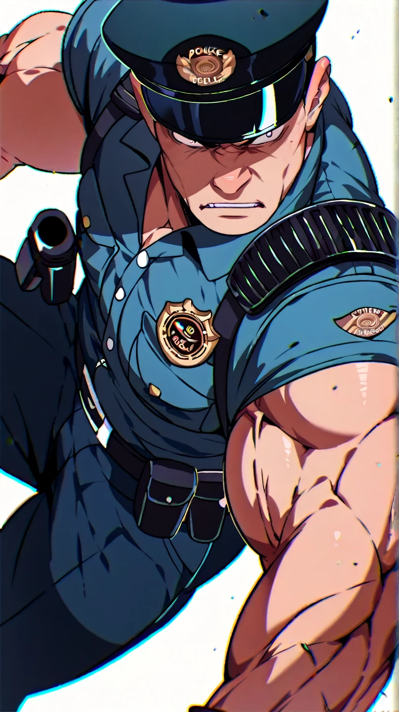 A muscular and imposing man in a police suit.