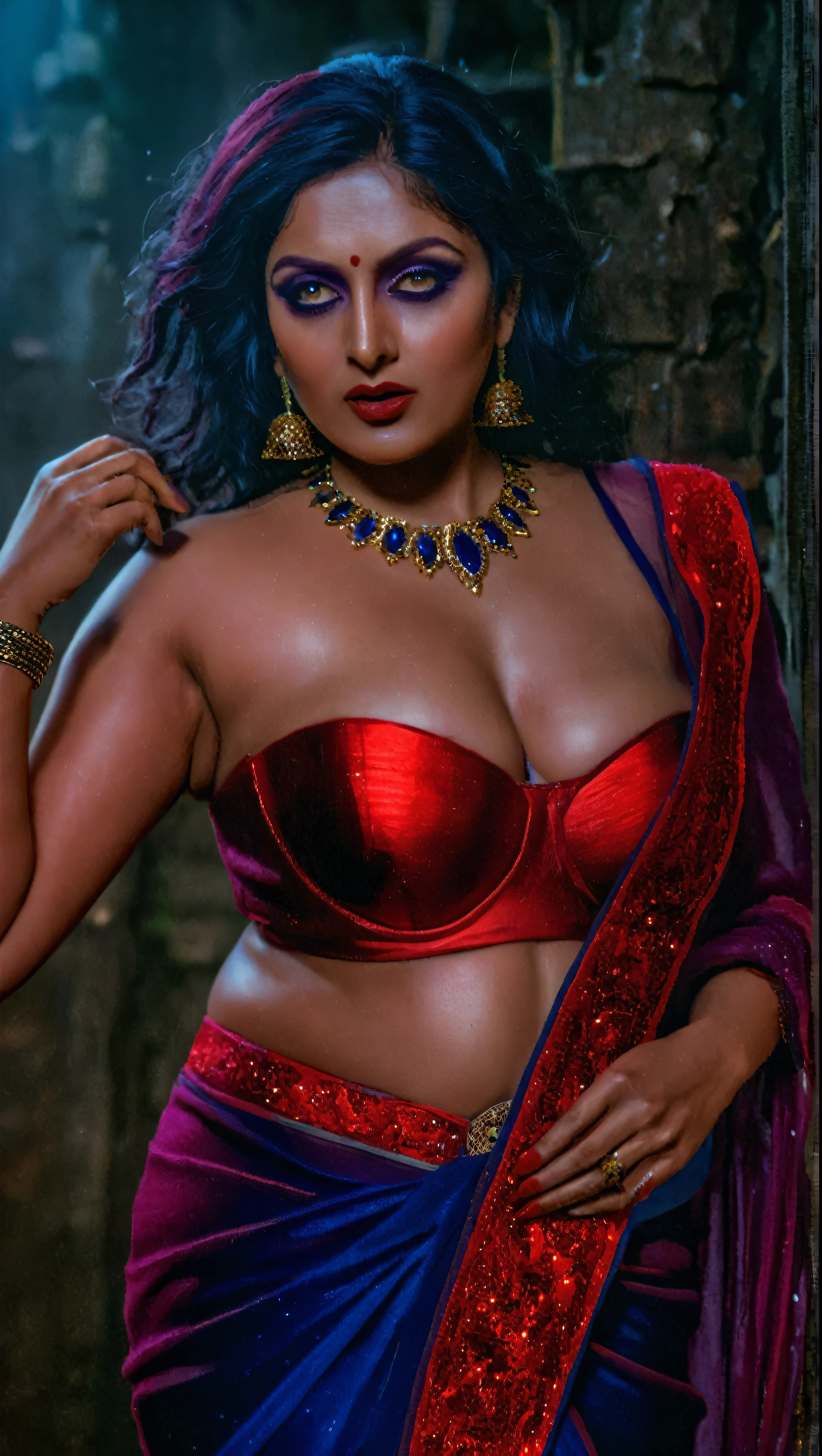 Looks like Aindrita Ray, full body Closeup shot, Big chubby aunty, milf, cougar lady witch, busty huge breast, slightly grey hair, horny Gothic milf, 70 years old gorgeous mature lady, pervert demoness, demoness of lust, curvy, black lips, horny face, extremely gorgeous, thick figure, heavy physique, voluptuous, curvy, sexy figure, Fashionable portrait of androgynous alien looking witch, glowing eyes, futuristic design, minimal details, givenchy, photoreal, 200mm, hd, f/ 2.0, highly detailed, surreal, sexy beautiful evil woman, sexy bold sequin Saree with strapless Bra, chudail, Pishachini, horror genre, blood-thirsty enchantress, powerful female spirit, eerie, drop dead, in the style of red and blue, (intricate details, hyperdetailed:1.15) (skin texture:1.2), dark Moody tone, cinematic lighting, haunted place in background, photorealistic,photo,realism, Getty Images, RAW candid cinema, 16mm, colour graded portra 400 film, remarkable colour, ultra realistic, textured skin, remarkable detailed pupils, realistic dull skin noise, visible skin detail, skin fuzz, dry skin, visible skin details and pores