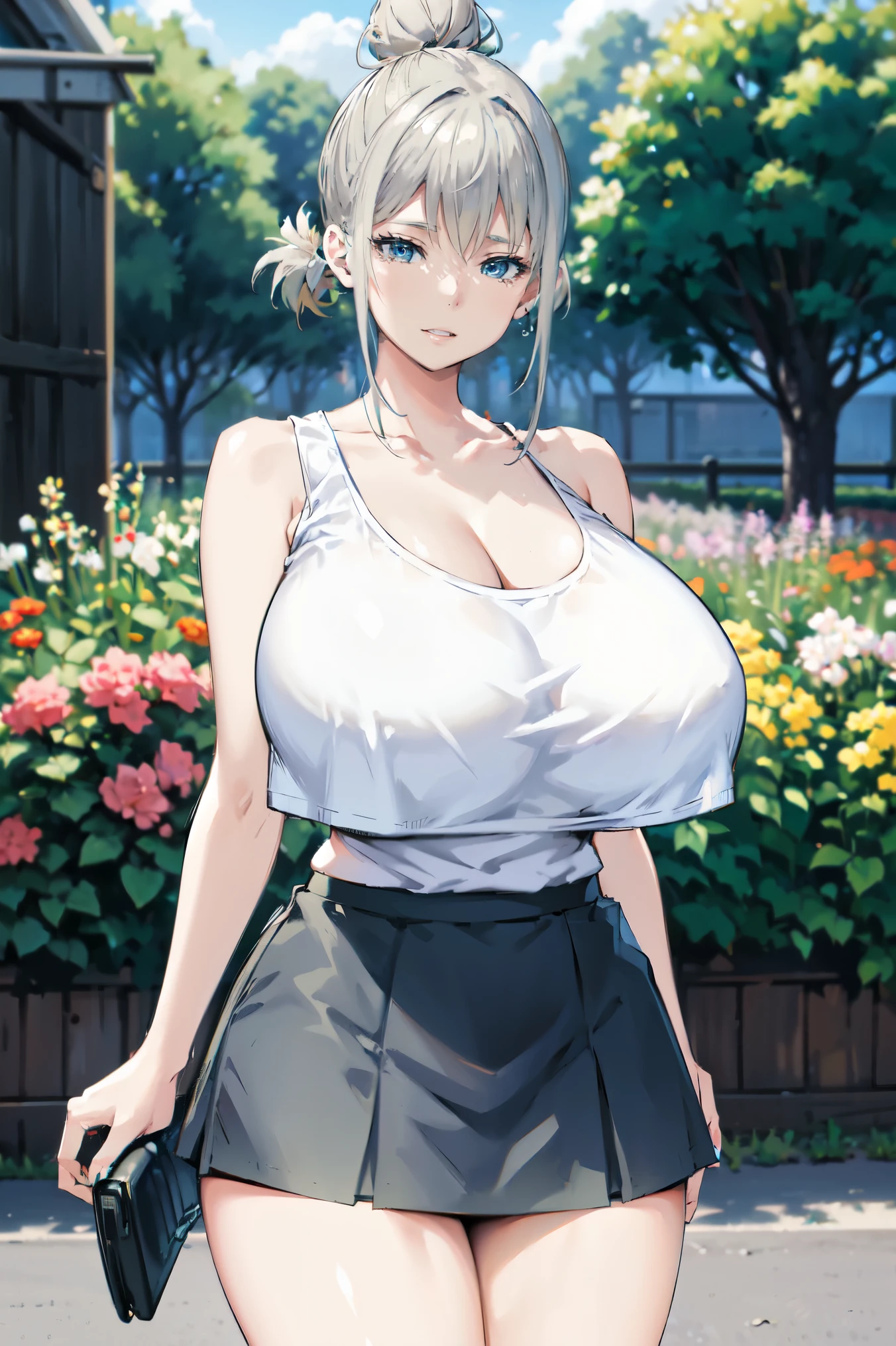 gray hair, (((very huge tits  )))  , ((white tank top, short skirt, )), thick, ((busty)), blue eyes,  hair bun, upperbody, smile, legs, thigh, flower garden