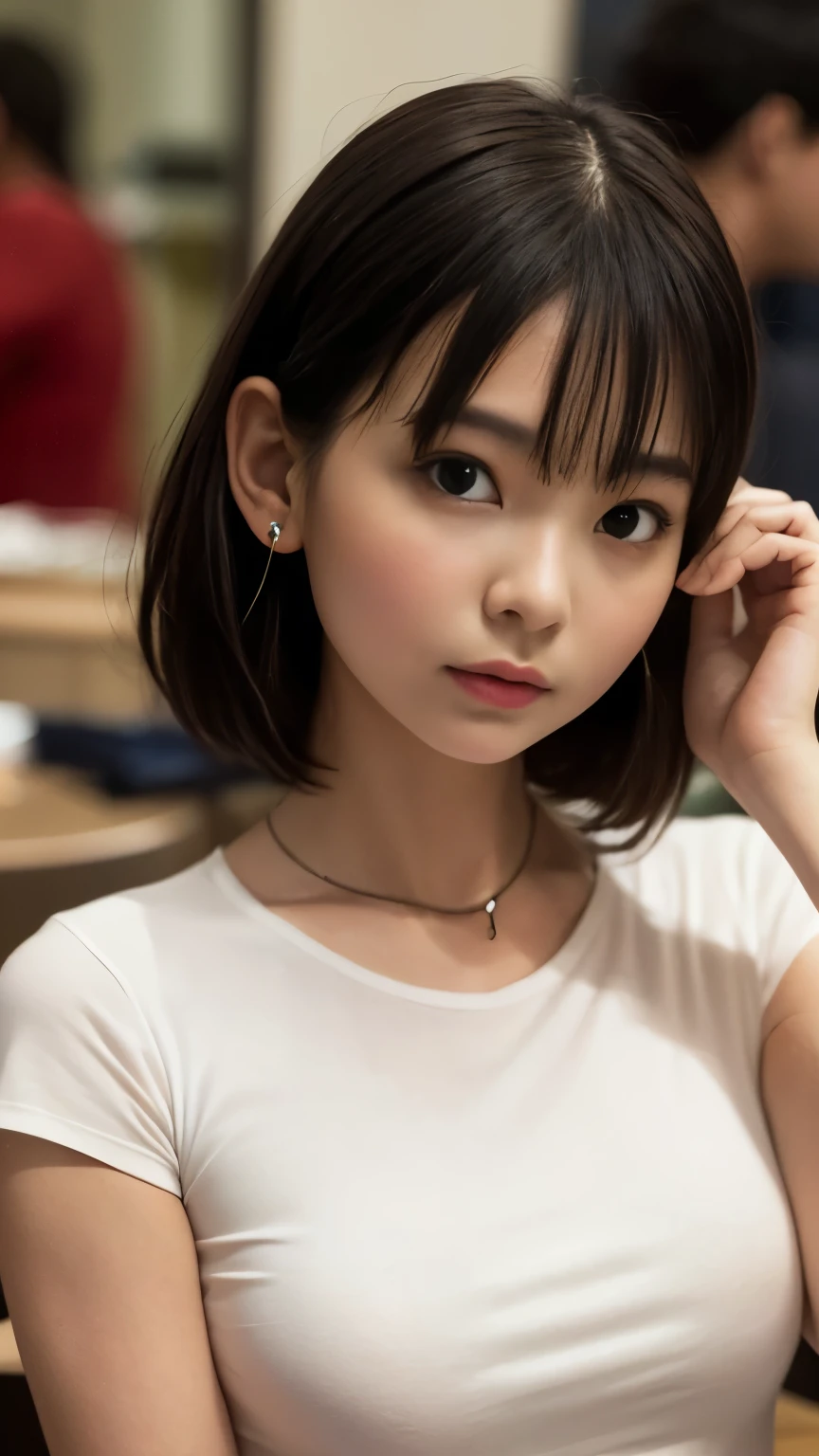 ((perfect anatomy:1.3)、(Complete Hand:1.3)、( Face to Face )、Realistic、 RAW photo、 table top、Best Quality、 Hi-Res、 graceful and beautiful、 perfect face、 beautiful details 、 white skin、Human skin、pores、((Thin legs))、( black hair):1.2), 8k,  Half-body standing, 85mm,Official AR  RAW photo,  Super Slim Delicate Beautiful Girl、Plain white short sleeve T-shirt、  lower body nudes 、Show me your ears、