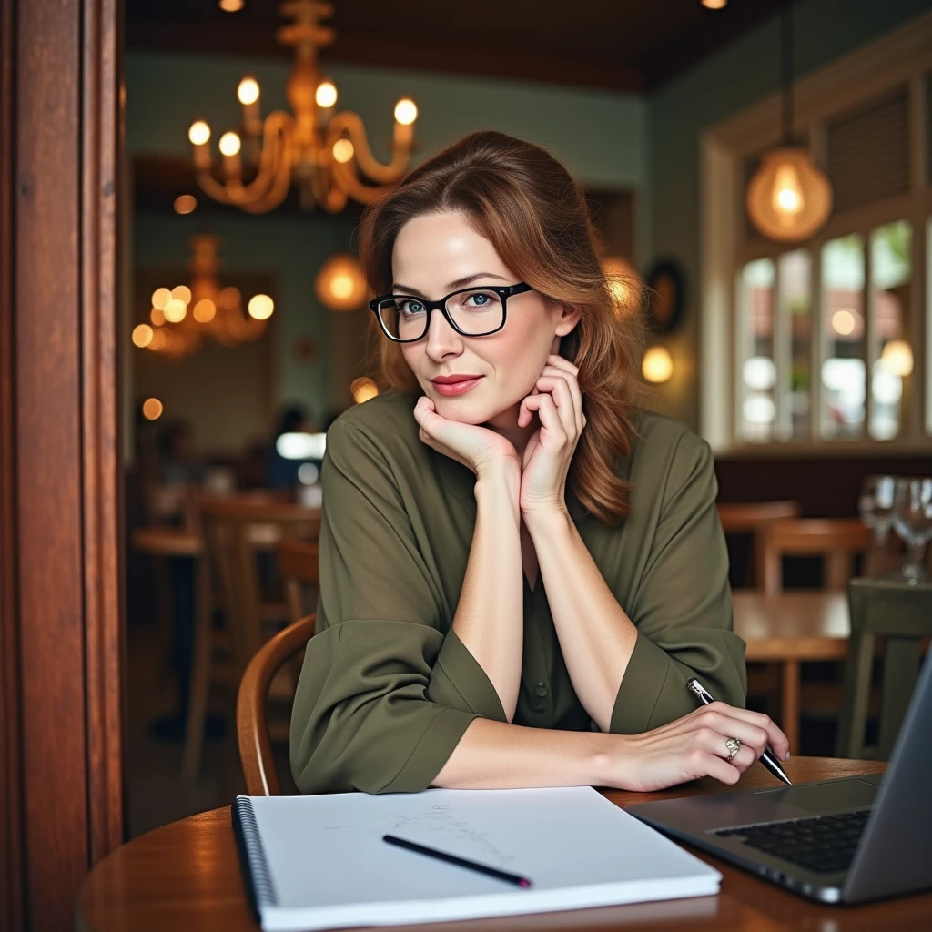 Photo of a middle-aged woman, around 45, sitting in a cozy café with her chin resting on clasped hands, holding a pen. She wears glasses and has wavy brown hair loosely tied back, with a gentle smile that highlights faint lines around her eyes. Dressed casually in a blouse, she’s seated at a wooden table with a notebook and laptop in front of her. Warm, ambient light from vintage chandeliers creates a relaxed, inviting atmosphere.