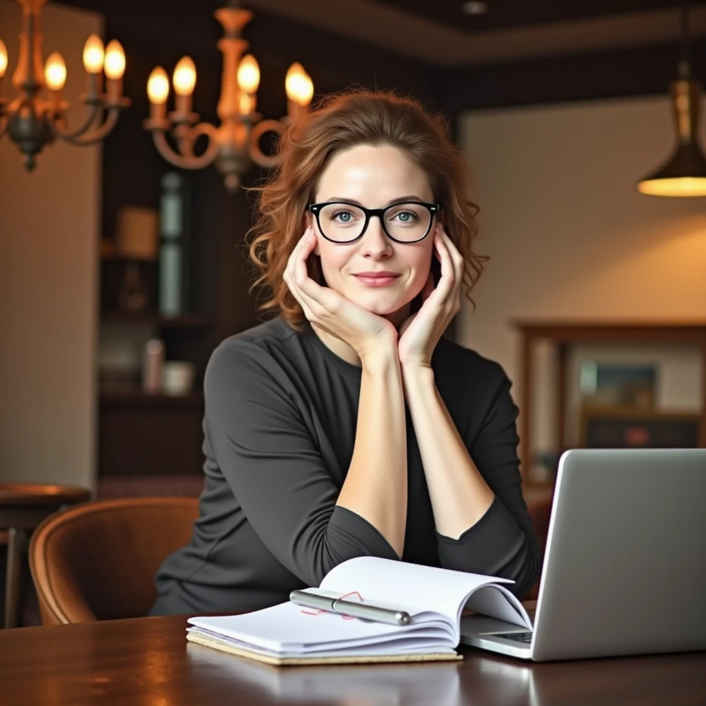 Photo of a middle-aged woman, around 45, sitting in a cozy café with her chin resting on clasped hands, holding a pen. She wears glasses and has wavy brown hair loosely tied back, with a gentle smile that highlights faint lines around her eyes. Dressed casually in a blouse, she’s seated at a wooden table with a notebook and laptop in front of her. Warm, ambient light from vintage chandeliers creates a relaxed, inviting atmosphere.