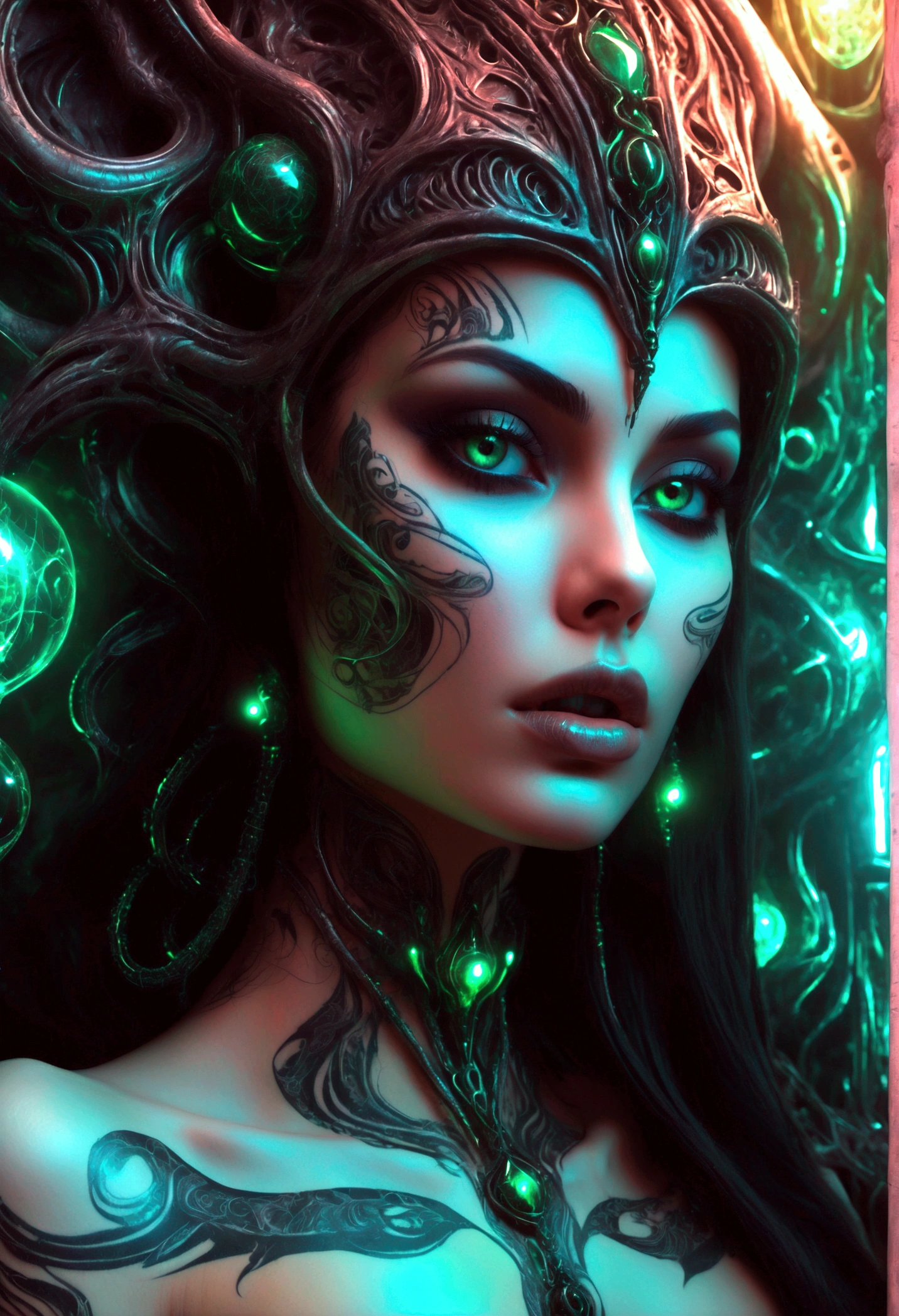 Create an image of Stunningly gorgeous beautiful perfect hr giger tattooed sexy seductive demonic girl, Stunningly gorgeous perfect flawless sexy face, hyper detailed neon emerald ornaments, large firm breasts, full body view, nude, no color black and gray only,