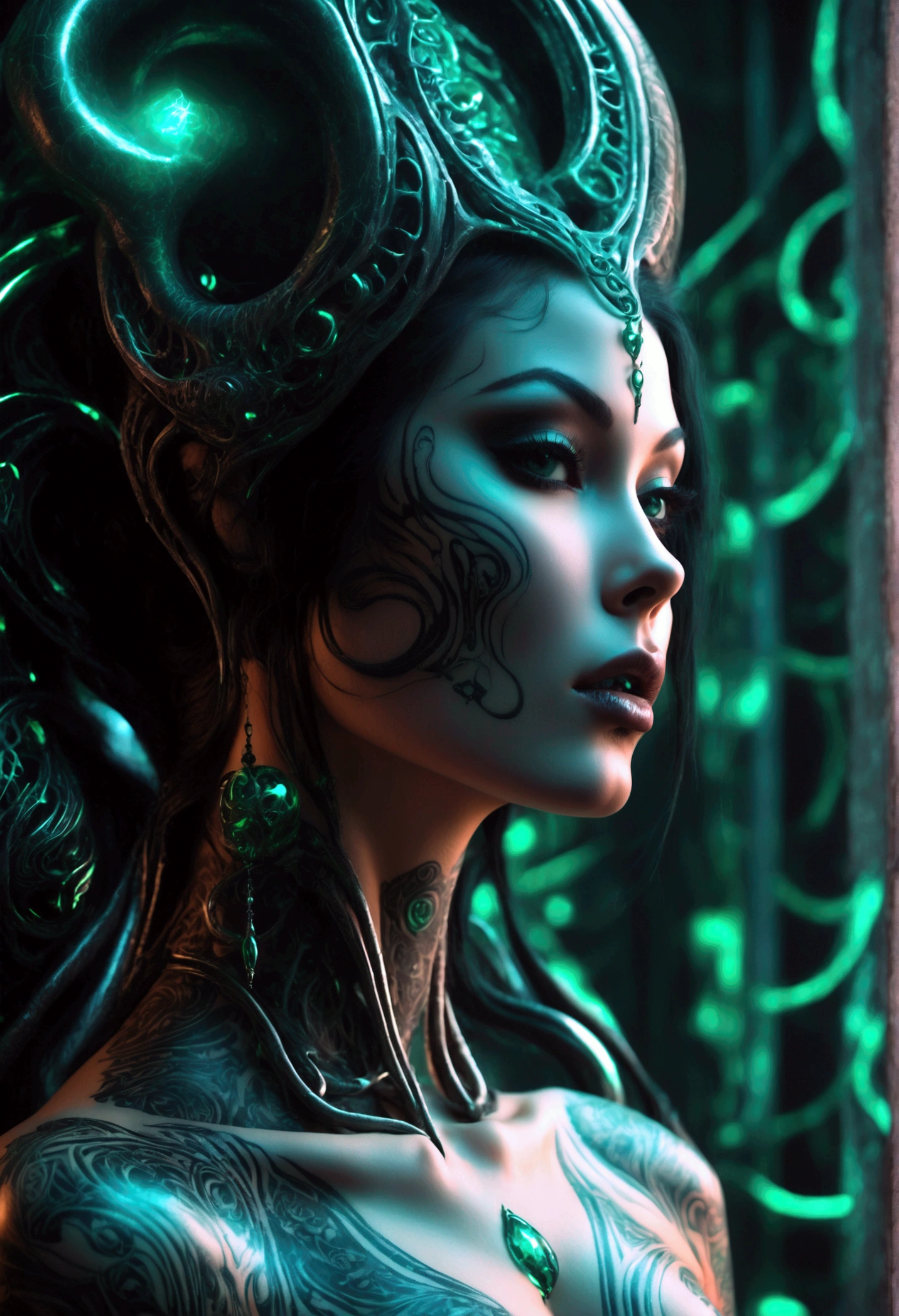 Create an image of Stunningly gorgeous beautiful perfect hr giger tattooed sexy seductive demonic girl, Stunningly gorgeous perfect flawless sexy face, hyper detailed neon emerald ornaments, large firm breasts, full body view, nude, no color black and gray only,