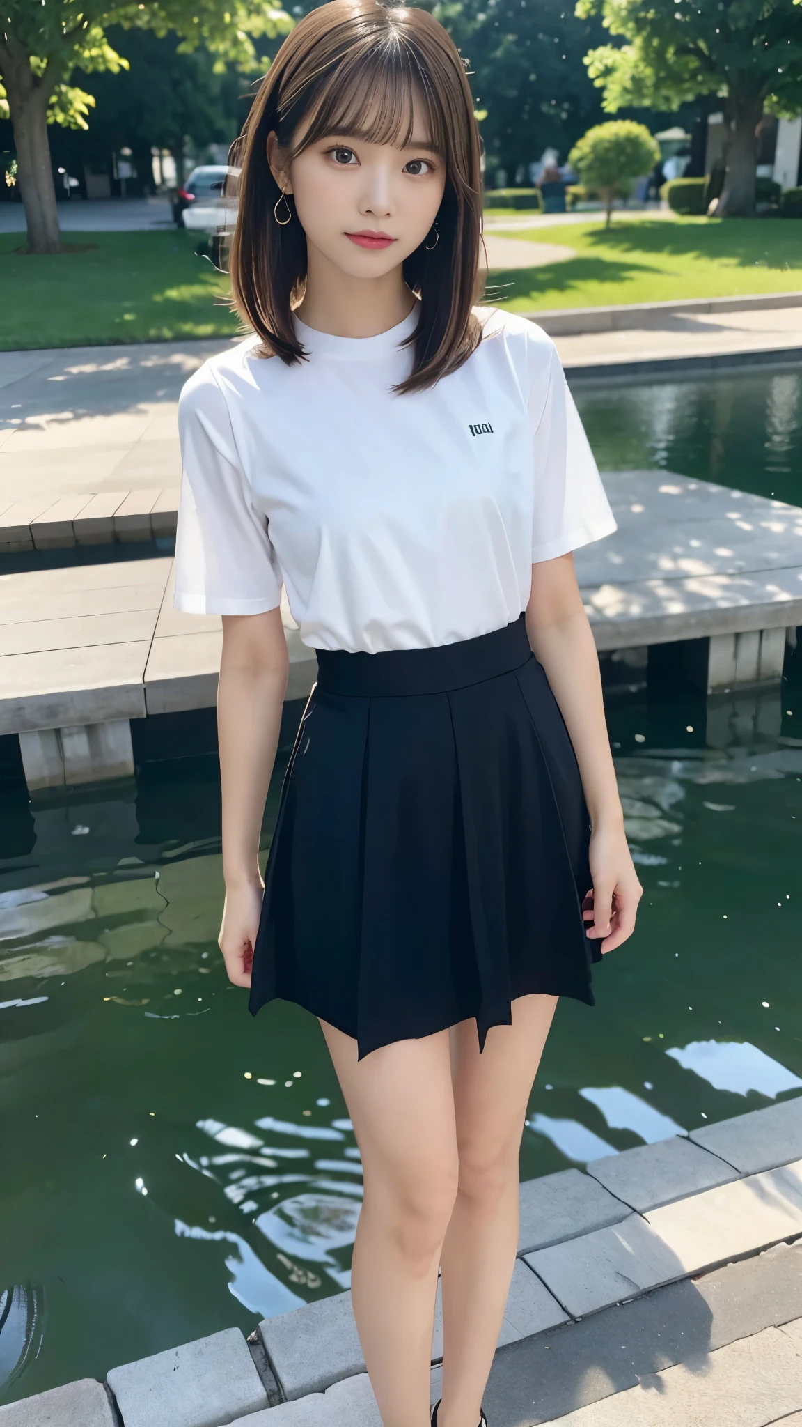 22 years old,1 beautiful woman,aqua mini skirt,white T-shirt,midriff baring,hugging own legs,cute face,smiling,ponytail,braided hair,from below,outdoor,public park,masterpiece, extremely fine and beautiful,dslr