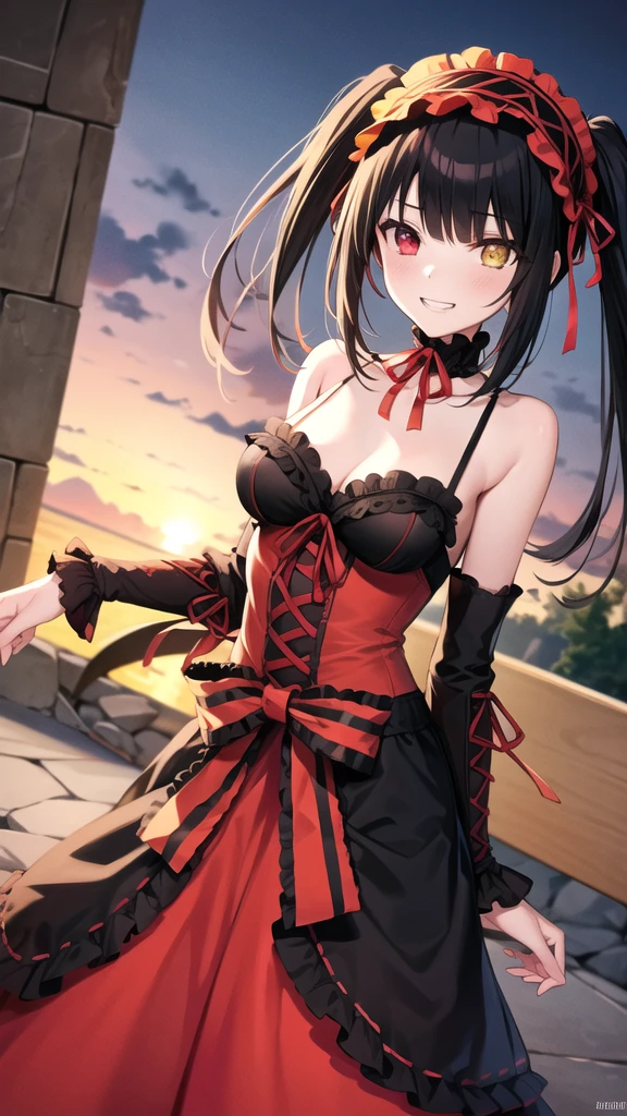 18 yeas old, girl, black hair, long hair, slim, big tits, narrow red eyes, cute, cat ears, (embarrassed,  blush:1.3), smiling, sailor uniform, ,  See-through, ribbon, fishnet, garter belt, frills, Kneesocks, high heels, blue rose, headdress, frontal, standing, spread legs, scramble cross, sunset,