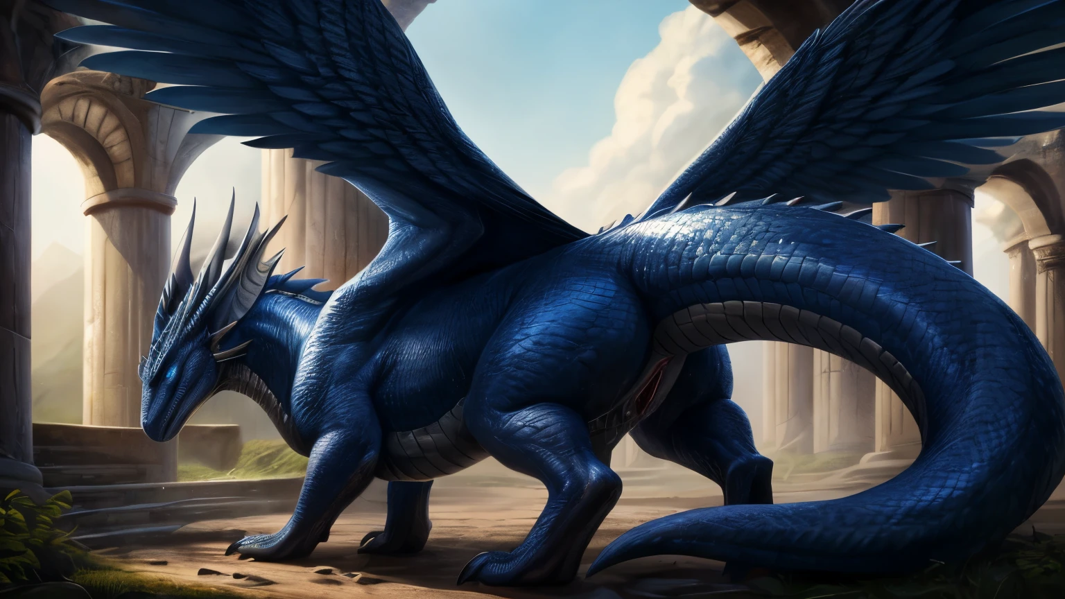 (high quality,4k,8k,highres,masterpiece:1.2),ultra-detailed,(realistic,photorealistic,photo-realistic:1.37),pixiv masterpiece,(intricate details), nsfw, chubby wet feral Dragon with highly detailed blue body, yellow skin, ((large wings, feathered wings)), scales and Black fluffy hair, feral, stunningly sharp-focus, charming chubby body, curvy, huge ass, very big ass, wet ass, wide hips, thicc thighs, enchanting black hue, ((detailed eyes, blue eyes)), swaying tail, impressive scales, powerful presence, mesmerizing beauty, evil posture, well-defined claws, sinister-hearted, radiant aura, captivating artwork, artistically rendered, masterful strokes, attention to detail, tasteful composition, alluring charm, careful shading, great attention to anatomy, meticulous rendering, impeccable craftsmanship, butt focus, vivid colors, vagina, perfect balance between realism and fantasy, wet, sweaty, big fluffy tail, thick tail, booty focus, Landscape shot, old castle, old ruins, dirt, fence,
