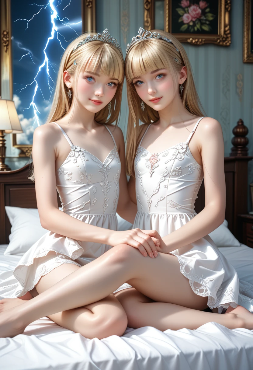 bright expression、photorealisim、top-quality、超A high resolution、a picture、Photo of an exquisitely beautiful Nordic-born girl、Extraordinary beautiful girl、Detailed cute and beautiful face、(pureerosface_v1:0.008)、Beautiful bangs、alice in the wonderland、sixteen years old、Glowing white shiny skin、facial hairs、Bangs that extend to the face、Bangs between the eyes、Super long hair、Attractive bright natural platinum blonde super long straight silky hair、finer hair、High-definition eyes、Beautiful, Bright and clear, Big light blue eyes shine charmingly、Have a condom、Sitting in bed、eye liner、Double eyelids、Bad bust、going to bed、laying on back、sprawl、lie on one's side、at your feet、Thigh clavicle、Shoulder、at your feet、poor body、flat chest、Upper arm、Bedrooms、Show both sides、wedding dress、Two people、twinsies、Expose the top from the chest