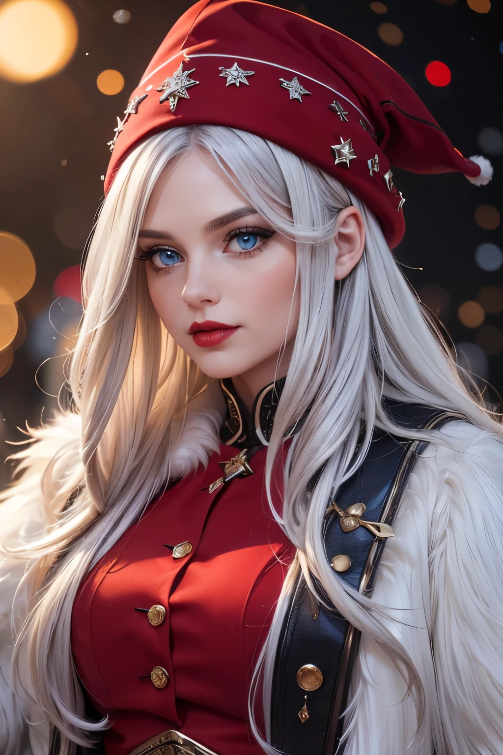 A 30-year-old witch with long gray hair, wearing a red and white hat , black boots , a red skirt and white socks , standing on a winter background , Hold a cart , gloves with detailed face , beautiful and detailed blue eyes , beautiful and detailed red lips , extremely detailed eyes and face , long lashes, ( best quality ,4K,8k, highres icon,masterpiece:1.2),ultradetailed,(realistic, photorealistic , photorealistic :1.37),HDR,Ultra HD, studio lighting ,ultra-fine painting,sharp focus, Her room , Extremely detailed description , Professional, vivid colors ,bokeh effect,Fantasy,portrait, Snow floor , white fur coat , about a carriage , In New York, neve
