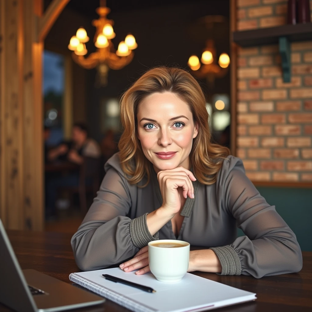 Photo of a middle-aged woman, around 45, sitting in a cozy café with her chin resting on clasped hands, holding a pen. She has wavy brown hair loosely tied back, with a gentle smile that highlights faint lines around her eyes. Dressed casually in a blouse, she’s seated at a wooden table with a notebook and laptop in front of her. Warm, ambient light from vintage chandeliers creates a relaxed, inviting atmosphere.