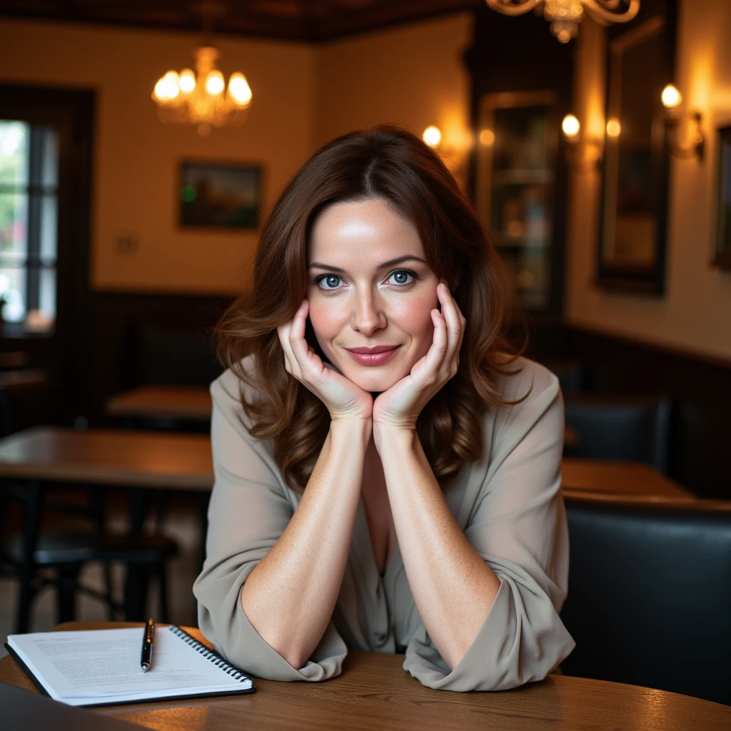 Photo of a middle-aged woman, around 45, sitting in a cozy café with her chin resting on clasped hands, holding a pen. She has wavy brown hair loosely tied back, with a gentle smile that highlights faint lines around her eyes. Dressed casually in a blouse, she’s seated at a wooden table with a notebook and laptop in front of her. Warm, ambient light from vintage chandeliers creates a relaxed, inviting atmosphere.