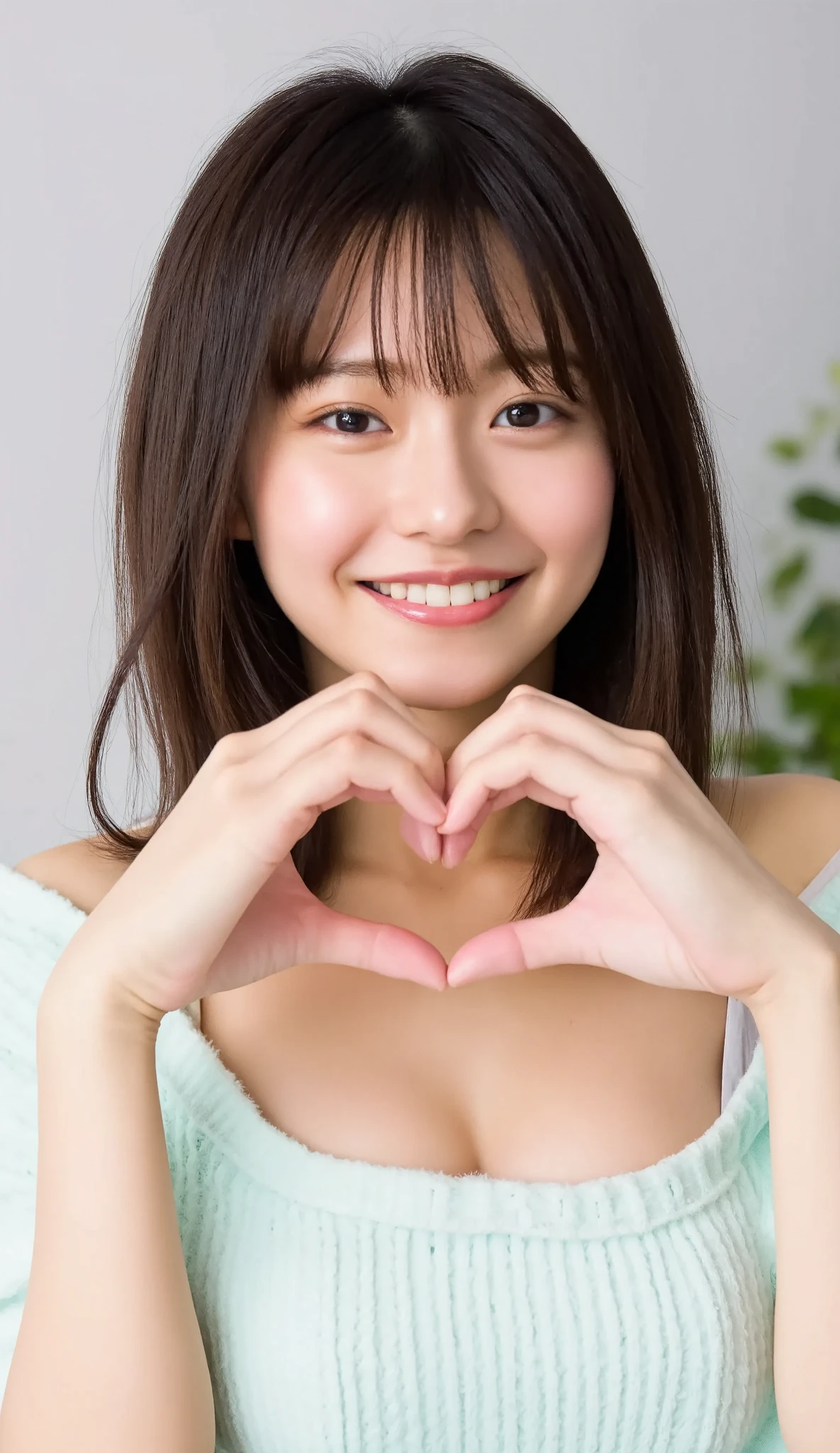 Only one woman with a cute smile wears cute, fluffy off-shoulder pajamas, makes a big heart shape with both hands, and poses them in front of her chest, View above collarbone、The background is a monotone 

