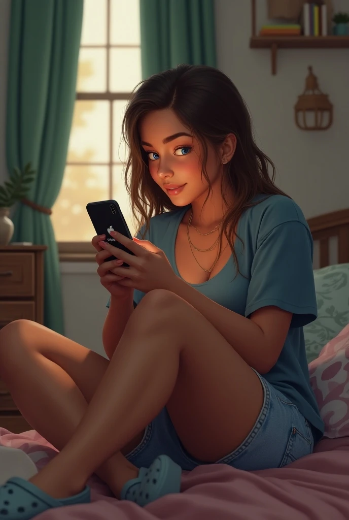 woman sitting on bed looking at cell phone in hand, verificando o celular, sentado no quarto, deusa verificando o telefone, Foto do perfil, ela tem cerca de 34 anos, ela tem cerca de 34 anos, pose muito sexy, pernas. Uma mulher com pele branca bronzeada e cabelos escuros. ela tem cerca de 35 anos. high resolution, alta qualidade, obra de arte, 8k.