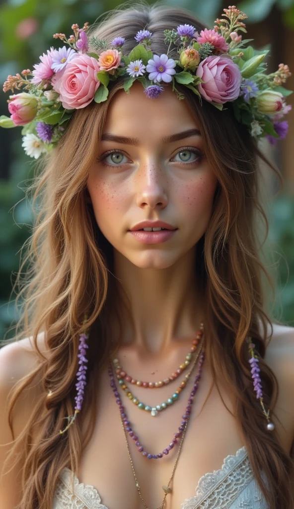 The image is a close-up portrait of a young woman with long, colorful braided hair. She is wearing a necklace with multiple layers of beads and necklaces. Her hair is styled in loose curls and cascades over her shoulders. She has a flower crown on her head, which is made up of small, colorful flowers in shades of pink, purple, and green. Her face is painted with freckles and her eyes are a deep blue. The background is blurred, but it appears to be an outdoor setting with trees and foliage. The overall mood of the image is dreamy and ethereal.