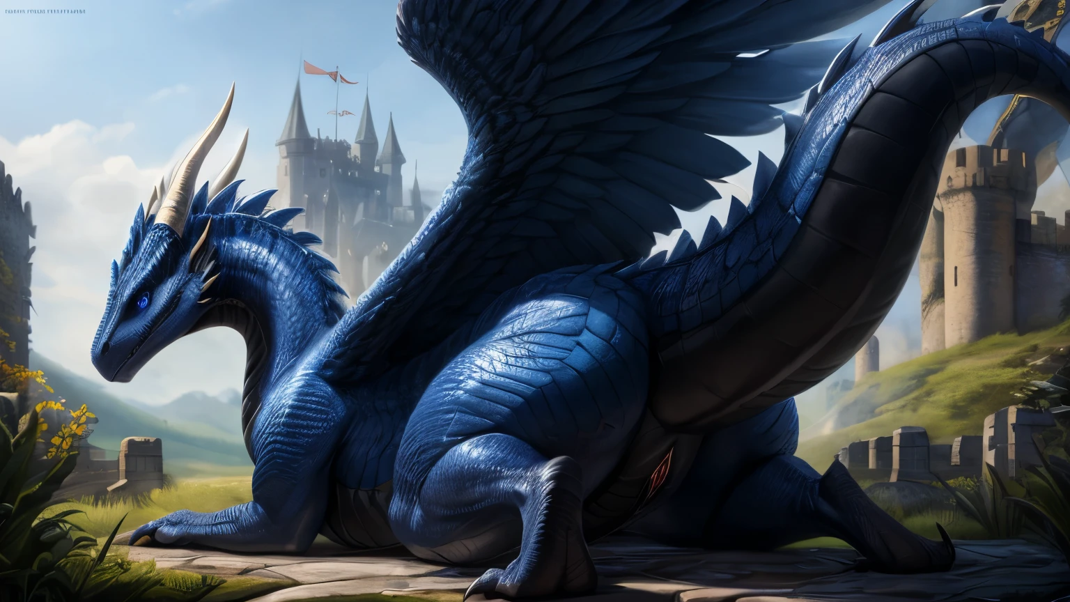 (high quality,4k,8k,highres,masterpiece:1.2),ultra-detailed,(realistic,photorealistic,photo-realistic:1.37),pixiv masterpiece,(intricate details), nsfw, chubby wet feral Dragon with highly detailed blue body, yellow skin, ((large wings, feathered wings)), scales and Black fluffy hair, feral, stunningly sharp-focus, charming chubby body, curvy, huge ass, very big ass, wet ass, wide hips, thicc thighs, enchanting black hue, ((detailed eyes, blue eyes)), swaying tail, impressive scales, powerful presence, mesmerizing beauty, evil posture, well-defined claws, sinister-hearted, radiant aura, captivating artwork, artistically rendered, masterful strokes, attention to detail, tasteful composition, alluring charm, careful shading, great attention to anatomy, meticulous rendering, impeccable craftsmanship, butt focus, vivid colors, vagina, perfect balance between realism and fantasy, wet, sweaty, big fluffy tail, thick tail, booty focus, Landscape shot, old castle, old ruins, dirt, fence,
