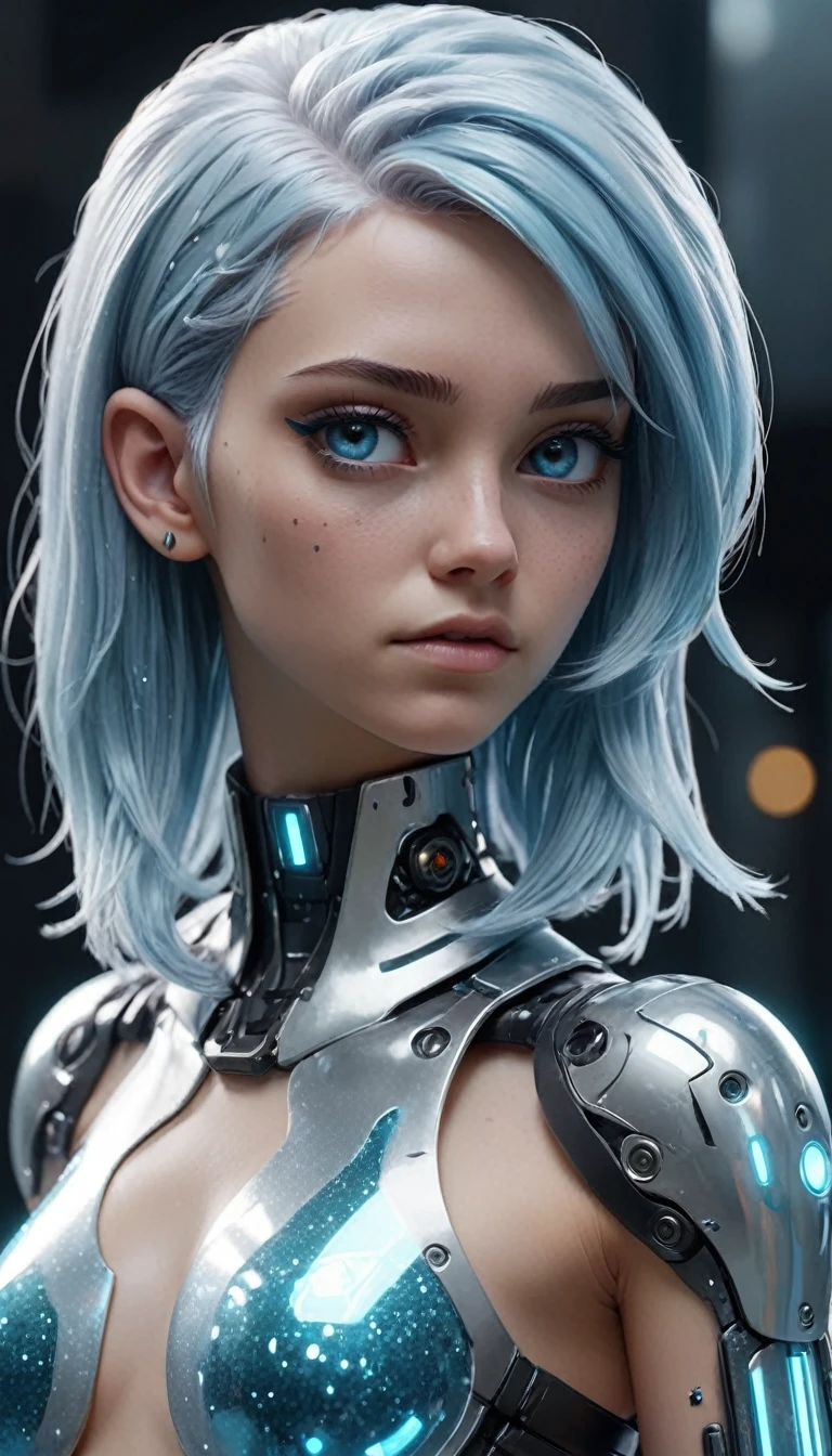 3D Animation,future, Cyberpunk ,transparent, light blue hair,white, glitter,Silver,3D Animation,whole body,masterpiece, accurate,  anatomically correct, Best Quality, 