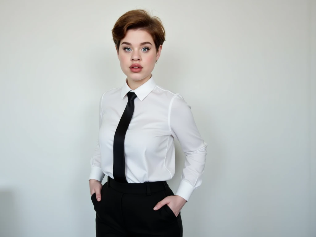 Gina in an office modeling black trousers, a tight white button down shirt and black tie, full body shot, she has an extremely short, spiky auburn pixie haircut. She is five feet tall.