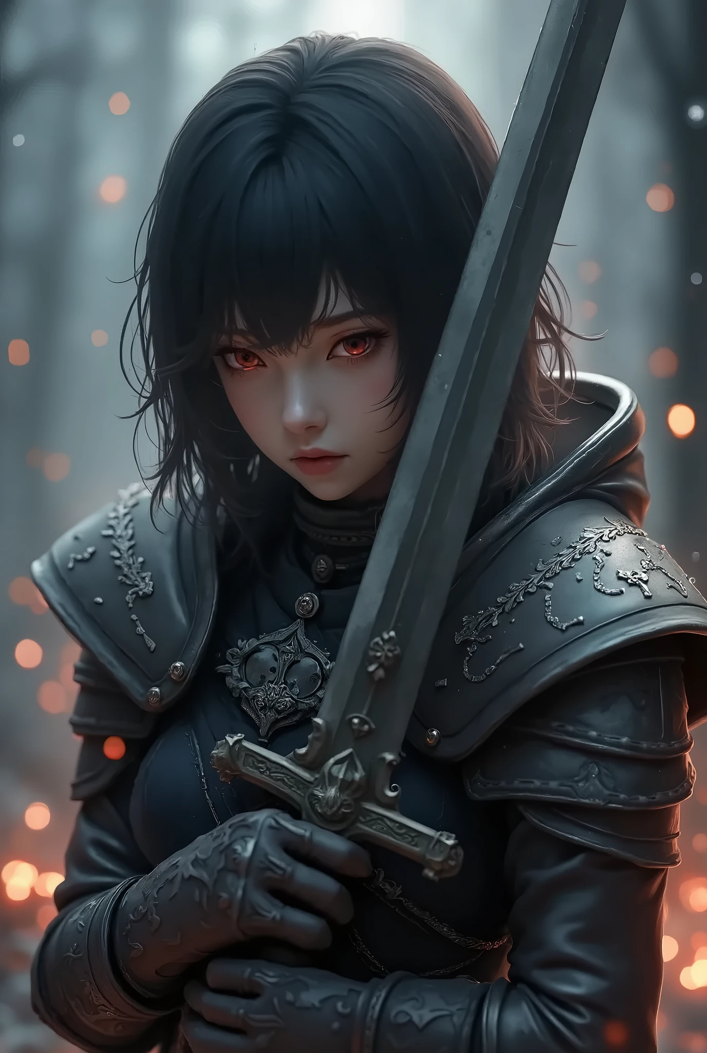 A close up of a person holding a sword in a forest - SeaArt AI