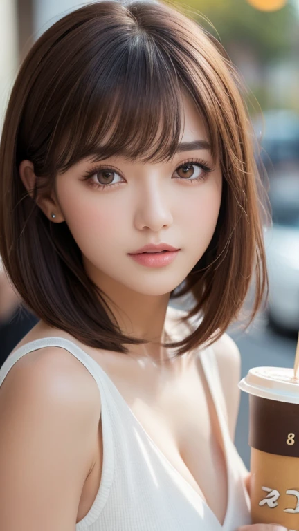 (Tabletop:1.3), (8k, Realistic, RAW Photos, Highest quality: 1.4), Japanese, (One Girl), Beautiful Face, (Realistic Face), (Black Hair), Beautiful hairstyle, Realistic eyes, Beautiful attention to detail, (Realistic Skin), Beautiful Skin, Charm, Ultra-high resolution, Surreal, Very detailed, Golden Ratio,school uniform.blush、Bobcut、Loose and fluffy hairstyle、Drooping eyes、Emphasize the cleavage、Leaning Forward